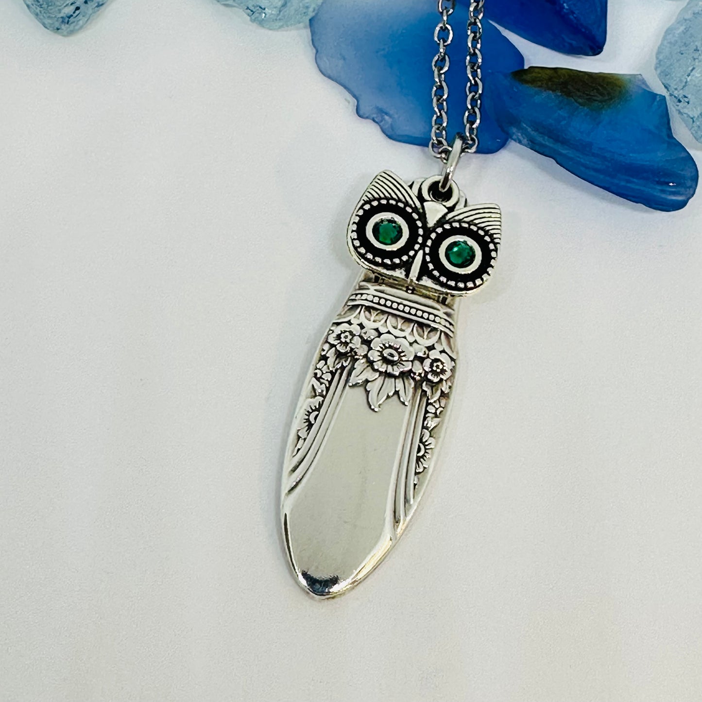 Owl with Birthstone Eyes “First Love” 1937 Vintage Silverware Necklace | Up-Cycled Jewelry | Birthday Pendant | Antique | 2.6mm Swarovski Eyes