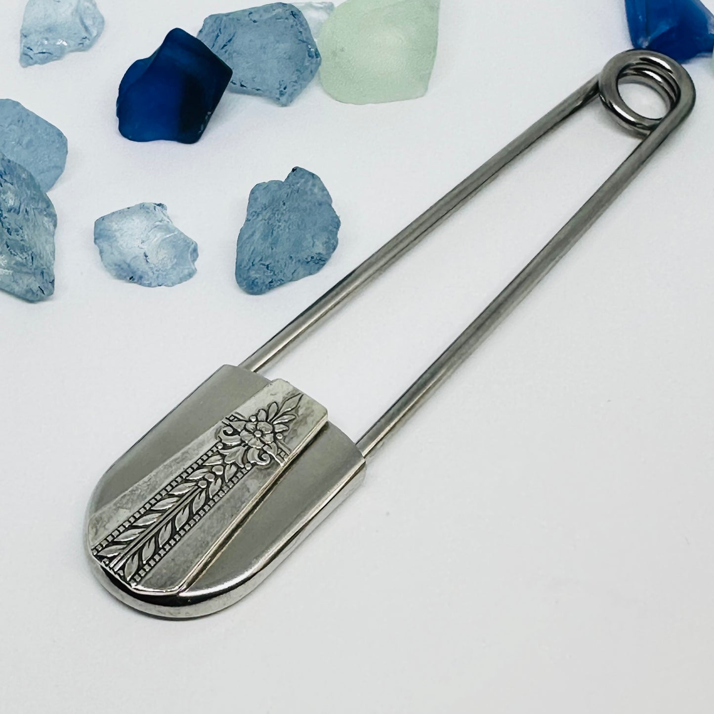 Giant Vintage Silverware Adorned Safety Pin | Key Ring | Kilt Brooch | Horse Blanket | Silver Embellishments | New Driver | Purse Belt