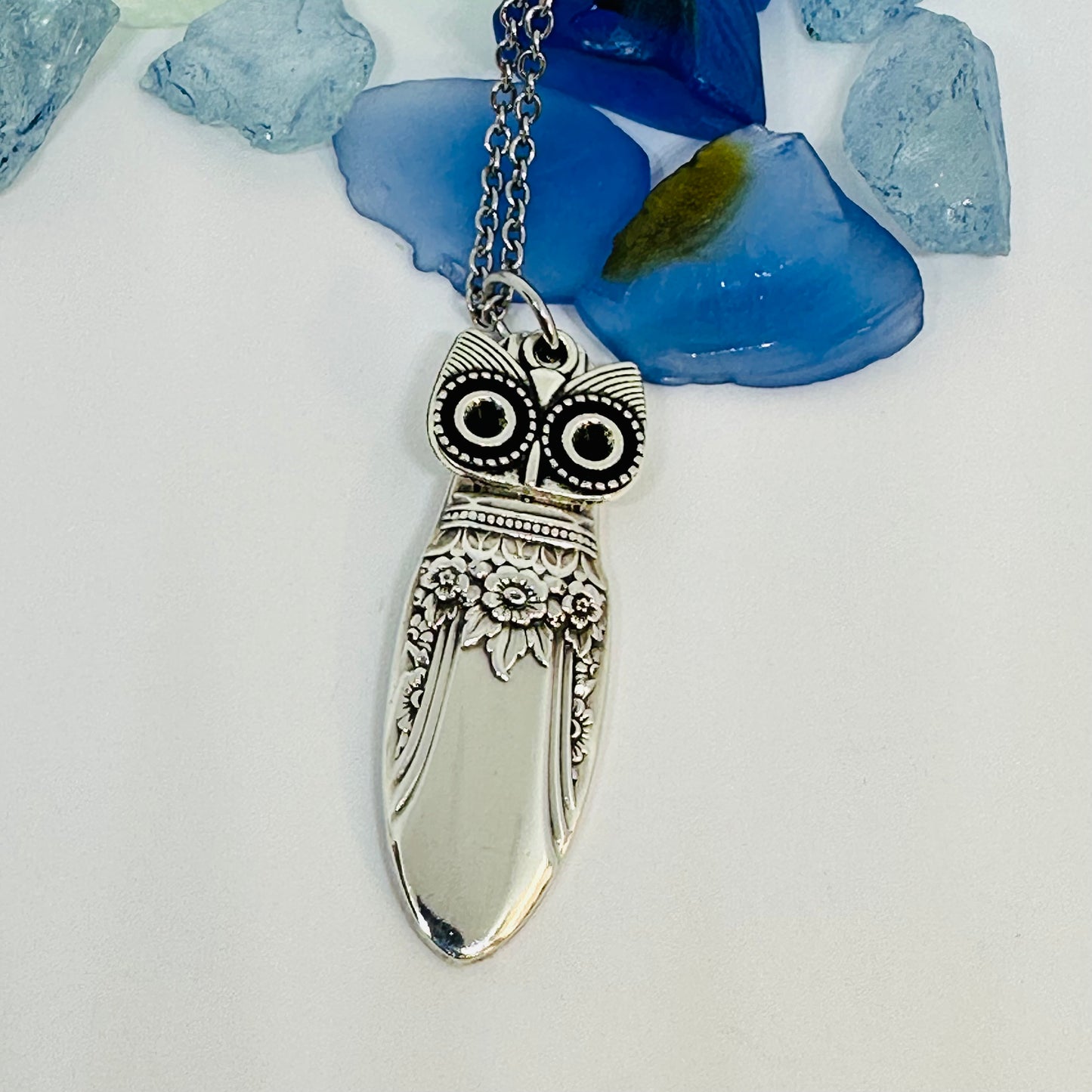 Owl with Birthstone Eyes “First Love” 1937 Vintage Silverware Necklace | Up-Cycled Jewelry | Birthday Pendant | Antique | 2.6mm Swarovski Eyes