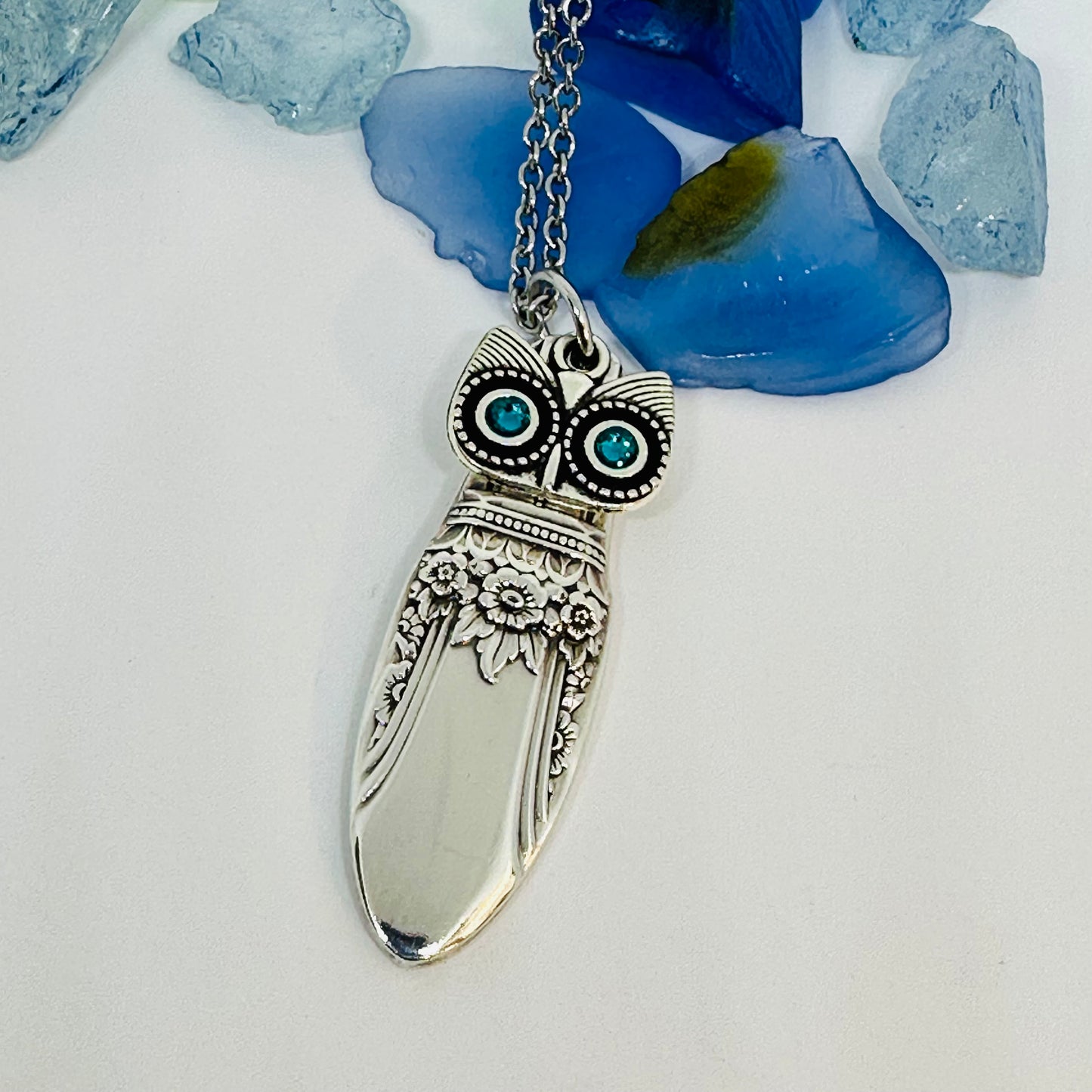 Owl with Birthstone Eyes “First Love” 1937 Vintage Silverware Necklace | Up-Cycled Jewelry | Birthday Pendant | Antique | 2.6mm Swarovski Eyes