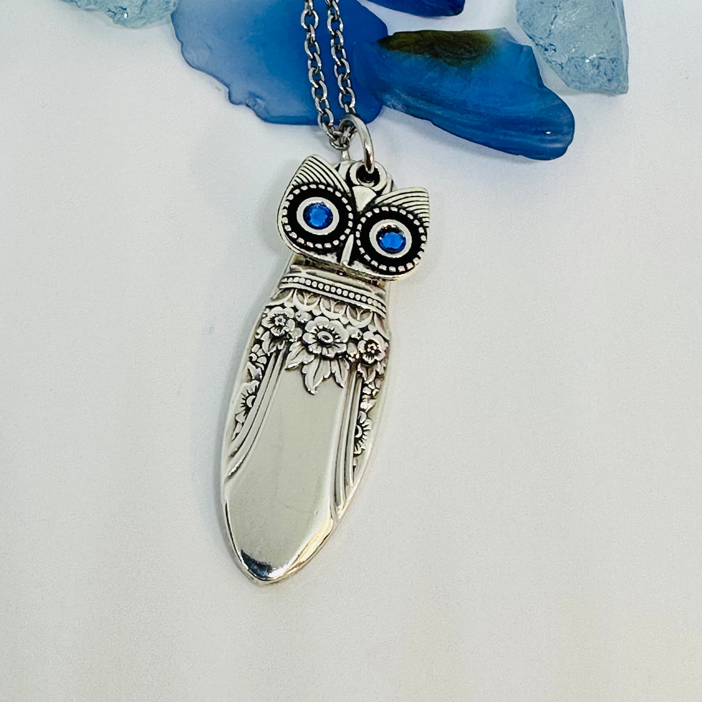 Owl with Birthstone Eyes “First Love” 1937 Vintage Silverware Necklace | Up-Cycled Jewelry | Birthday Pendant | Antique | 2.6mm Swarovski Eyes