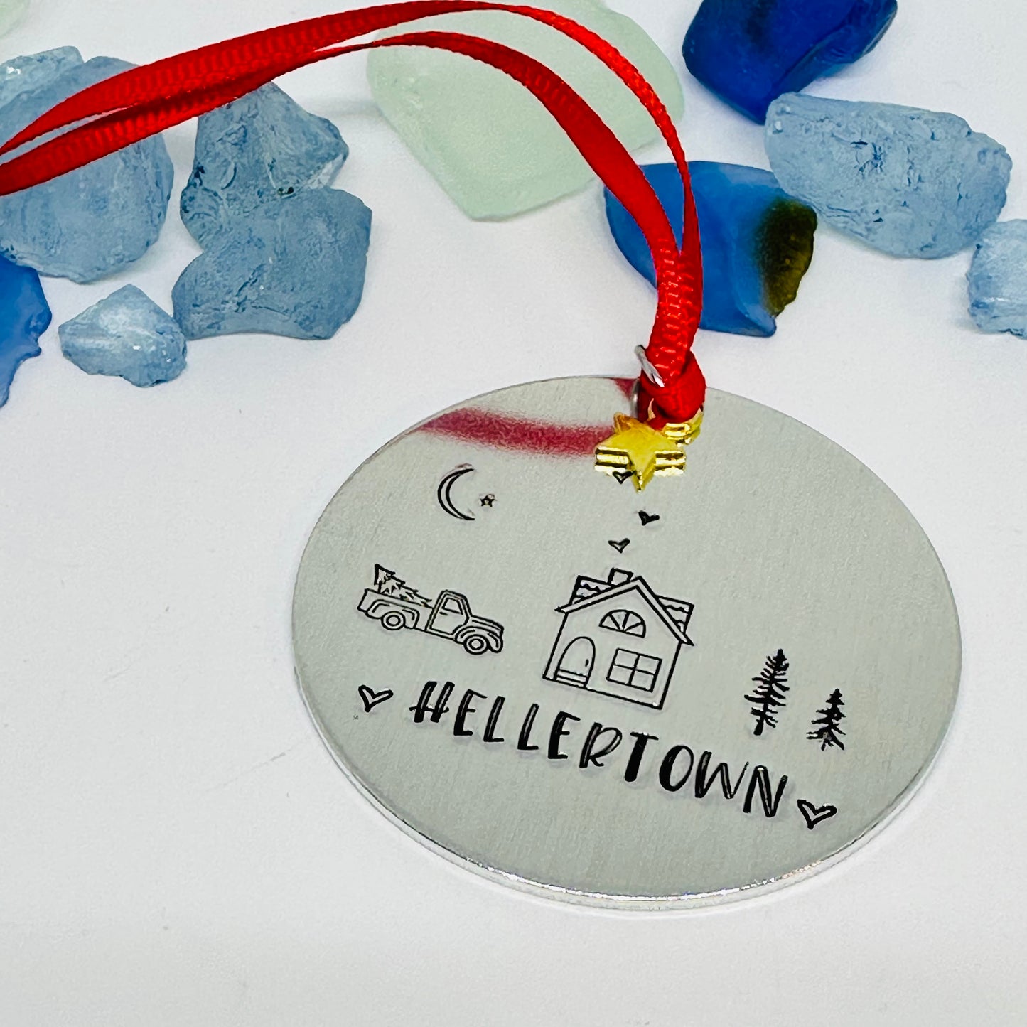 Home Town Hand Stamped Custom Ornament | Aluminum Round Ornament | Christmas Ornament | Hand Crafted Tree Decor | Holiday Decoration 2024