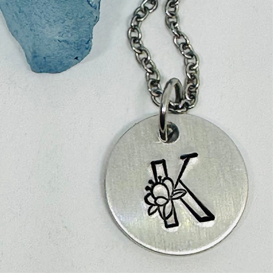 Floral Initial(s) Disc Necklace - Hand Stamped - Personalized & Elegant