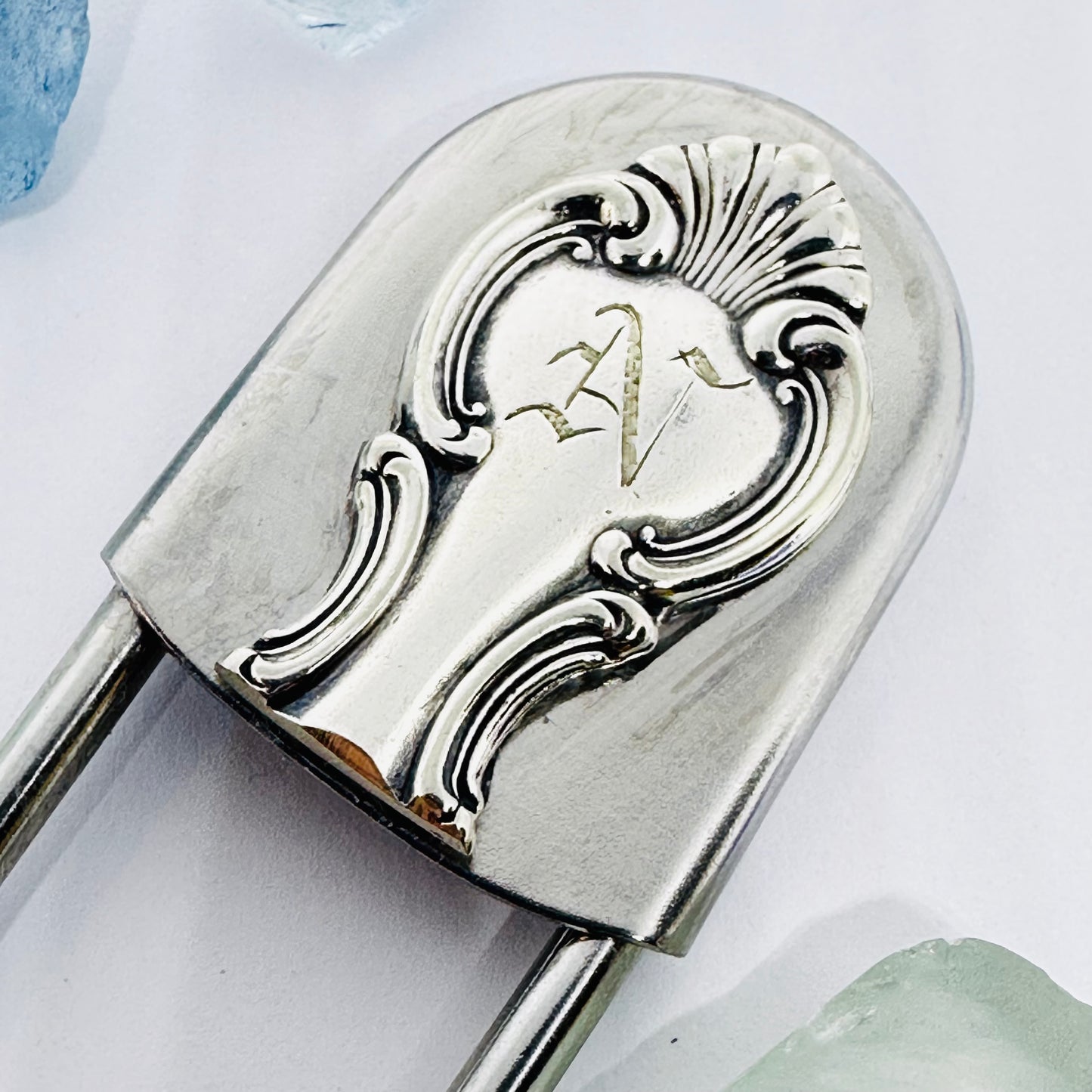Giant Vintage Silverware Adorned Safety Pin | Key Ring | Kilt Brooch | Horse Blanket | Silver Embellishments | New Driver | Purse Belt