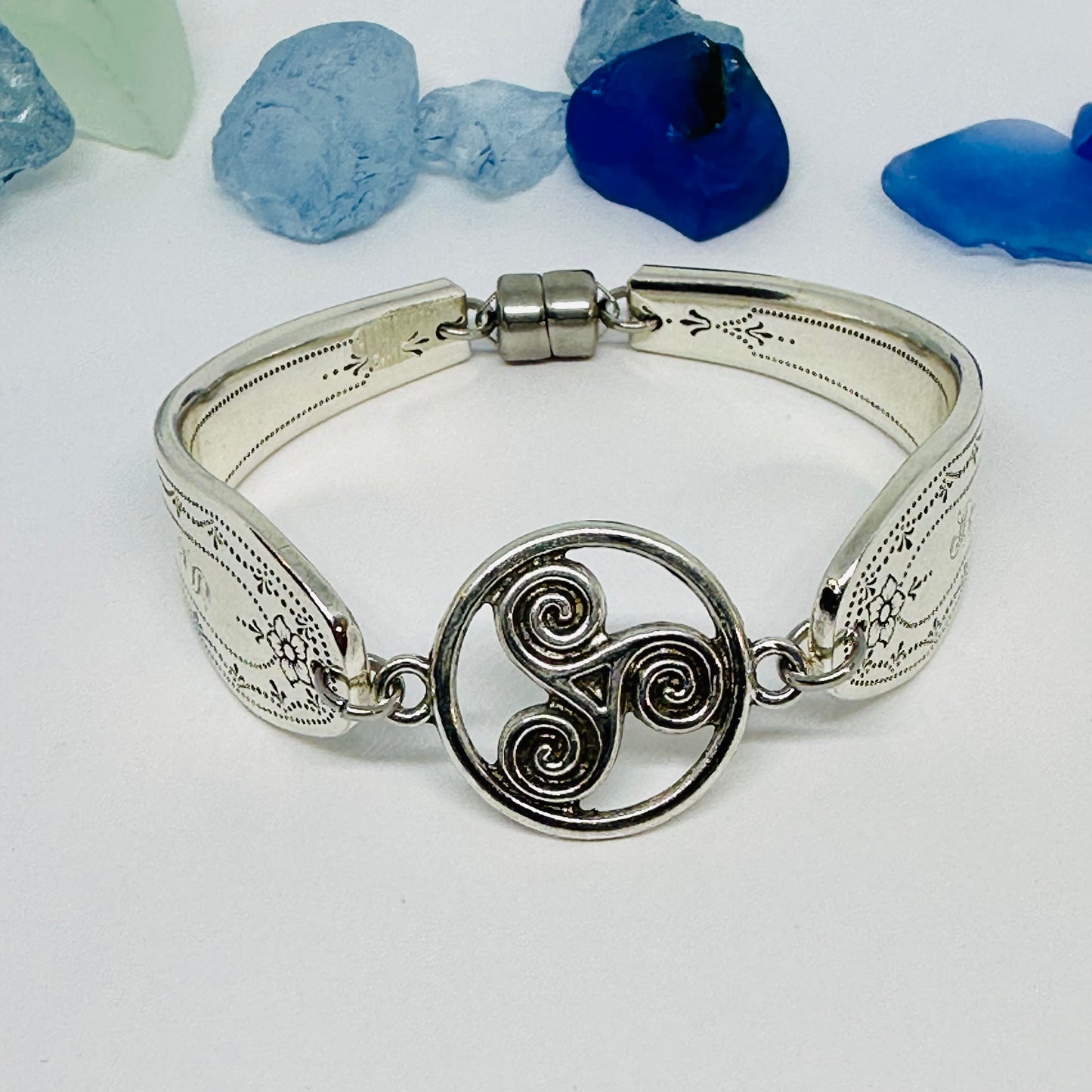 “Paul Revere” with Celtic Triskele Charm - 1927 Spoon Bracelet | Vintage Silverware | Up-Cycled Antique Silverware Spoon Bracelet