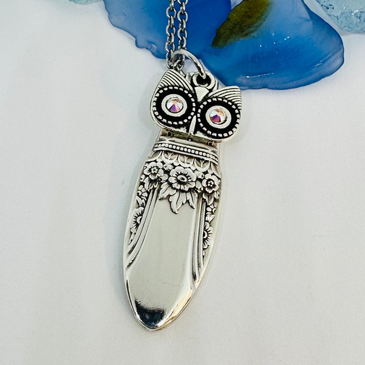 Owl with Birthstone Eyes “First Love” 1937 Vintage Silverware Necklace | Up-Cycled Jewelry | Birthday Pendant | Antique | 2.6mm Swarovski Eyes