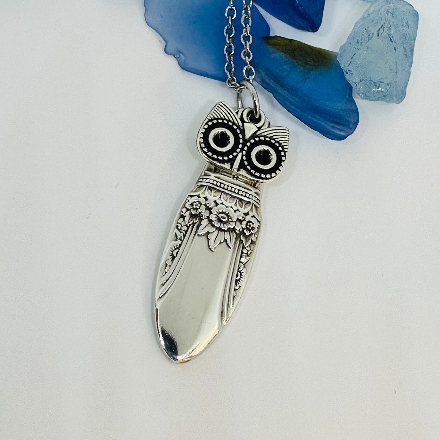 Owl with Birthstone Eyes “First Love” 1937 Vintage Silverware Necklace | Up-Cycled Jewelry | Birthday Pendant | Antique | 2.6mm Swarovski Eyes
