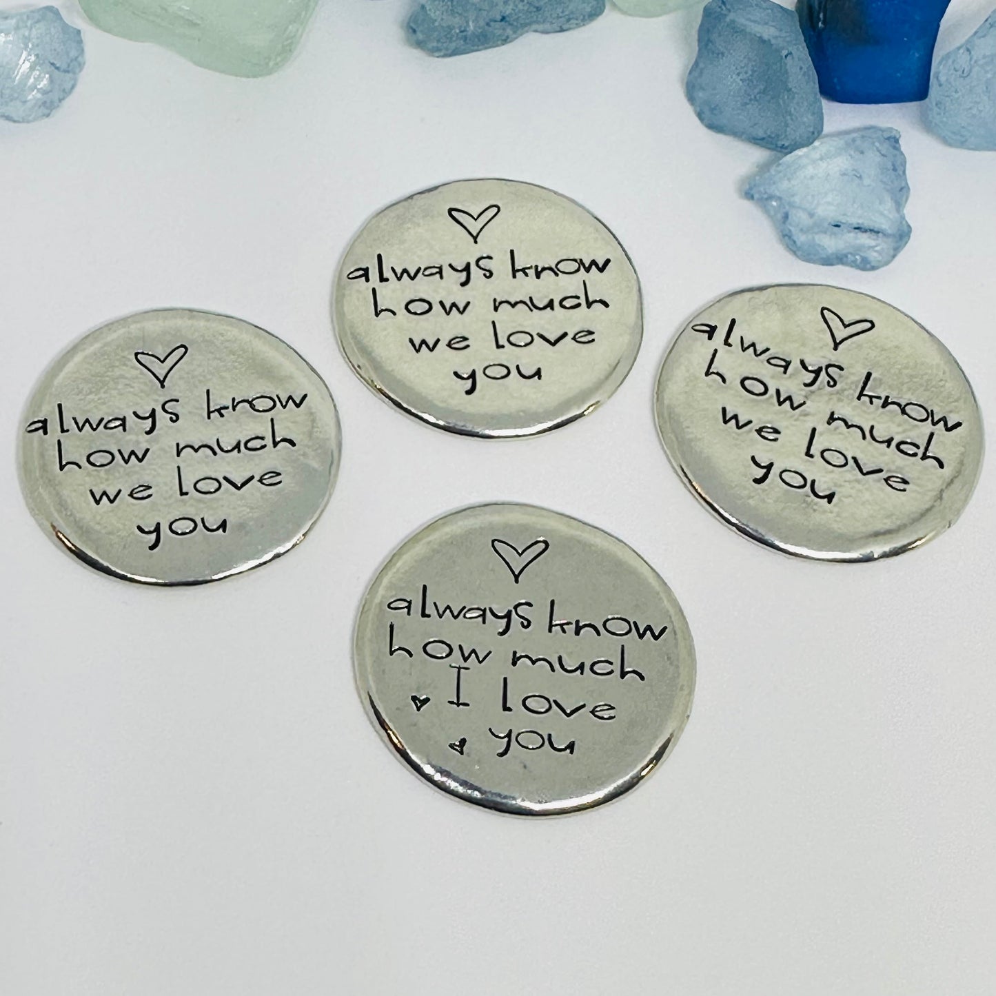 Always Know How Much I/We Love You - Hand Stamped Pewter Pocket Stone | Hug | Token | Pebble