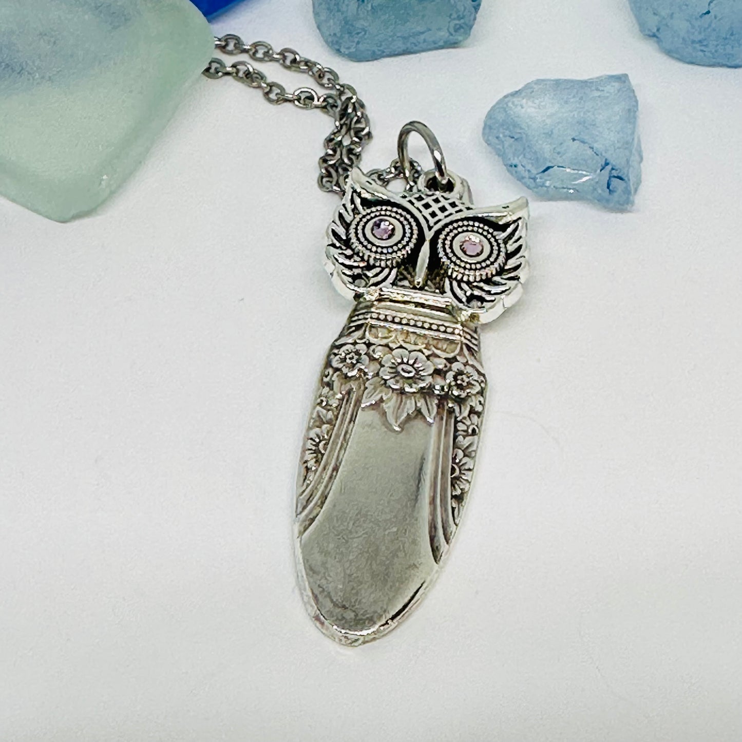 Owl with Birthstone Eyes “First Love” 1937 Vintage Silverware Necklace | Up-Cycled Jewelry | Birthday Pendant | Antique | 1.8mm Swarovski Eyes