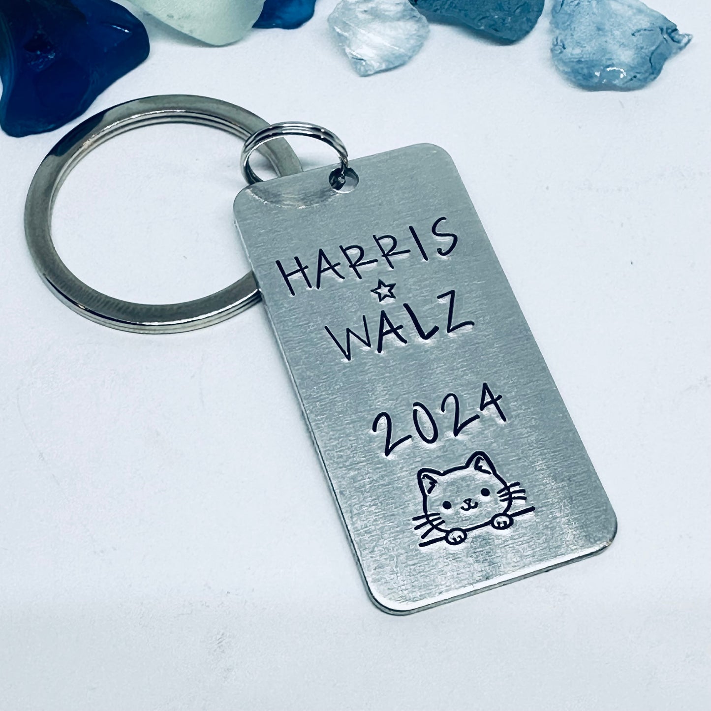Kamala Harris Tim Walz | Democratic Nominees | Vote 2024 | Presidential Race | Cat Lady | We’re Not Going Back - Hand Stamped Keyring Keychain