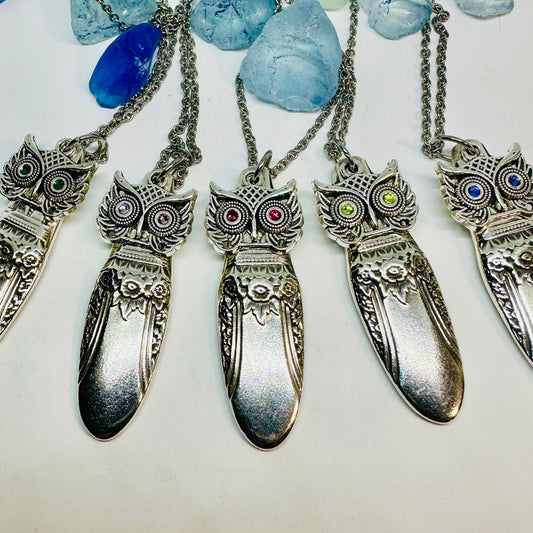 Owl with Birthstone Eyes “First Love” 1937 Vintage Silverware Necklace | Up-Cycled Jewelry | Birthday Pendant | Antique | 1.8mm Swarovski Eyes