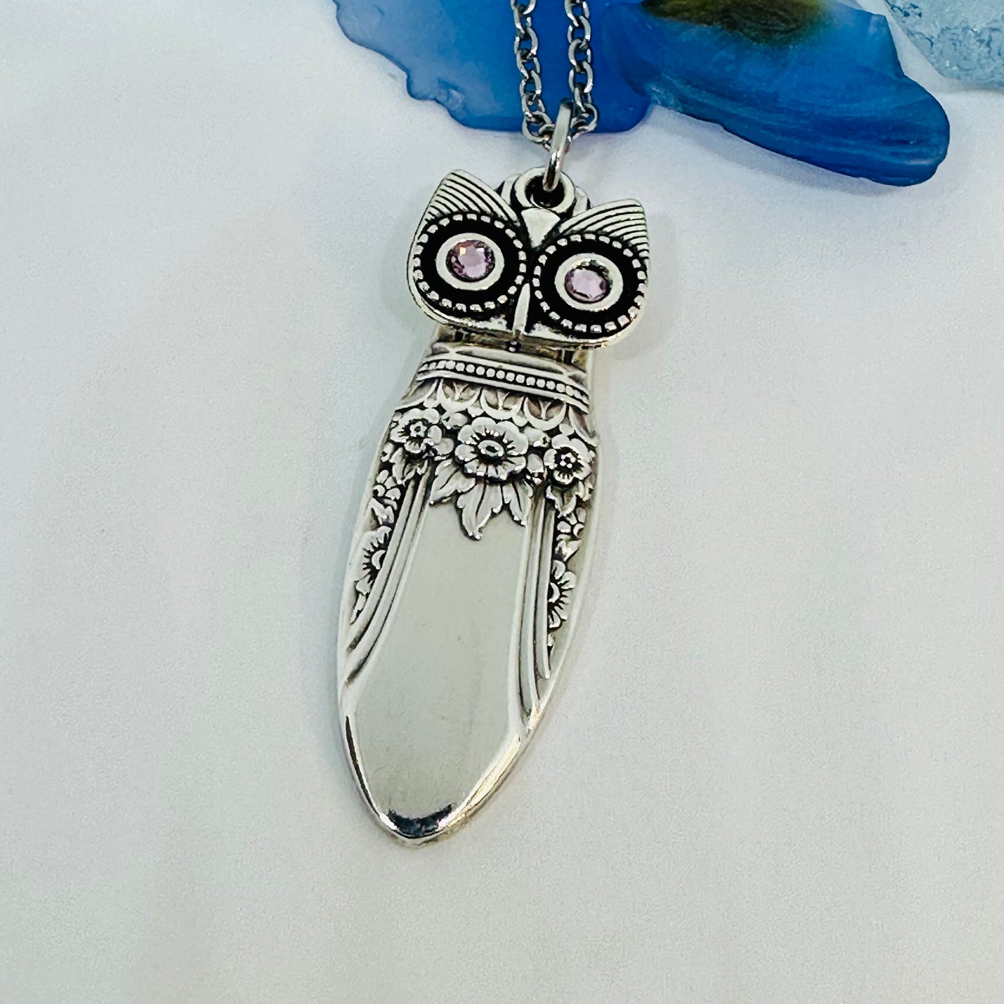 Owl with Birthstone Eyes “First Love” 1937 Vintage Silverware Necklace | Up-Cycled Jewelry | Birthday Pendant | Antique | 2.6mm Swarovski Eyes