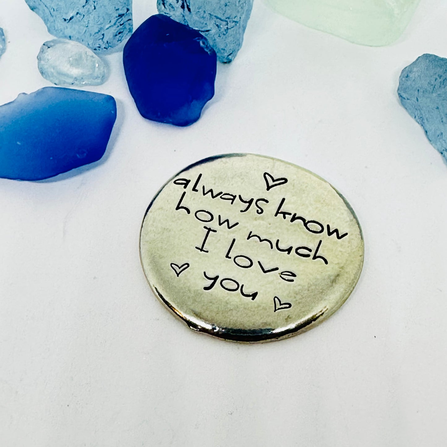 Always Know How Much I/We Love You - Hand Stamped Pewter Pocket Stone | Hug | Token | Pebble