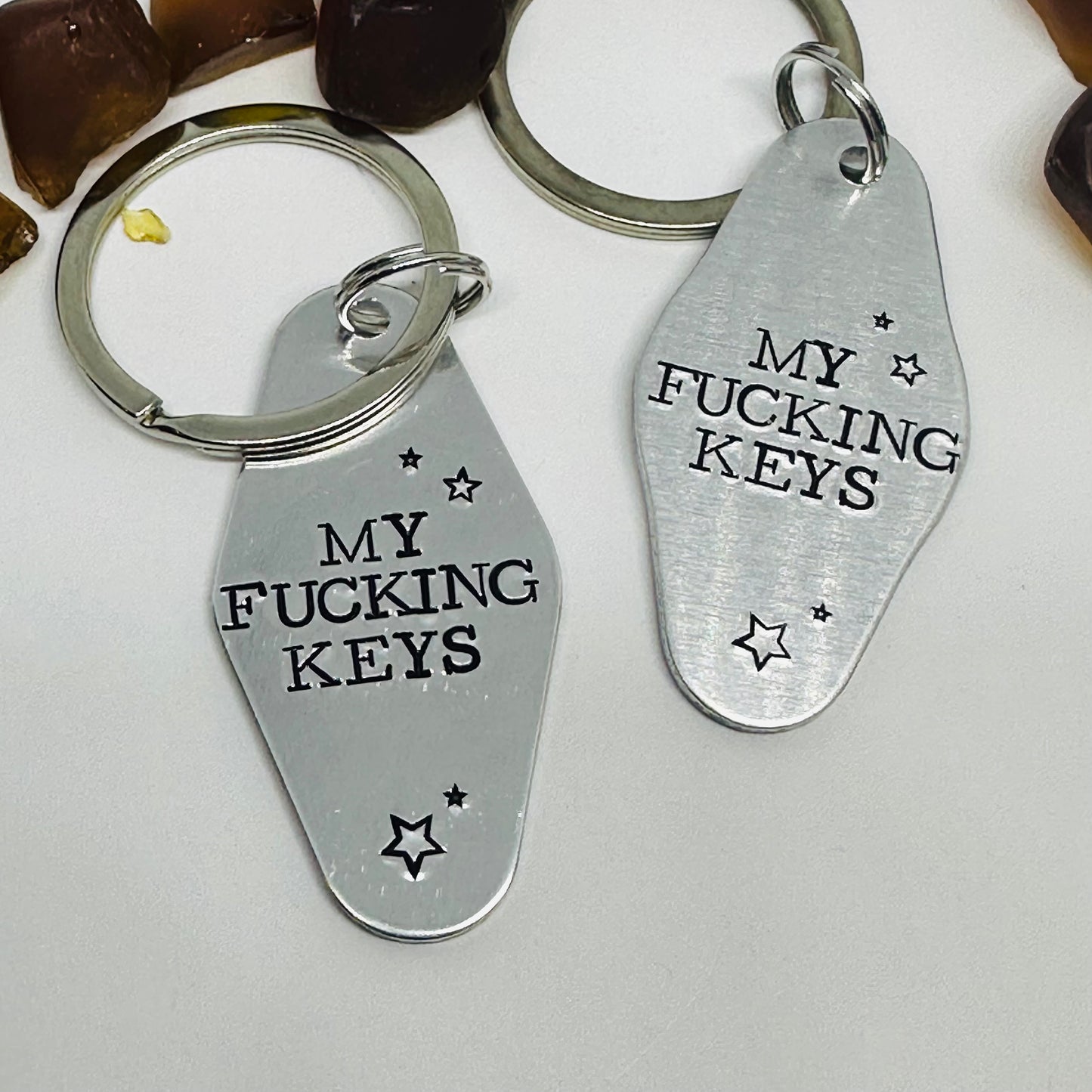 MY FUCKING KEYS Hand-Stamped Metal Keychain | Funny & Sarcastic Retro Motel Key Tag | Housewarming Gift | New Driver Gift