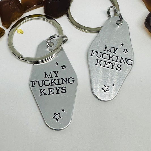 MY FUCKING KEYS Hand-Stamped Metal Keychain | Funny & Sarcastic Retro Motel Key Tag | Housewarming Gift | New Driver Gift