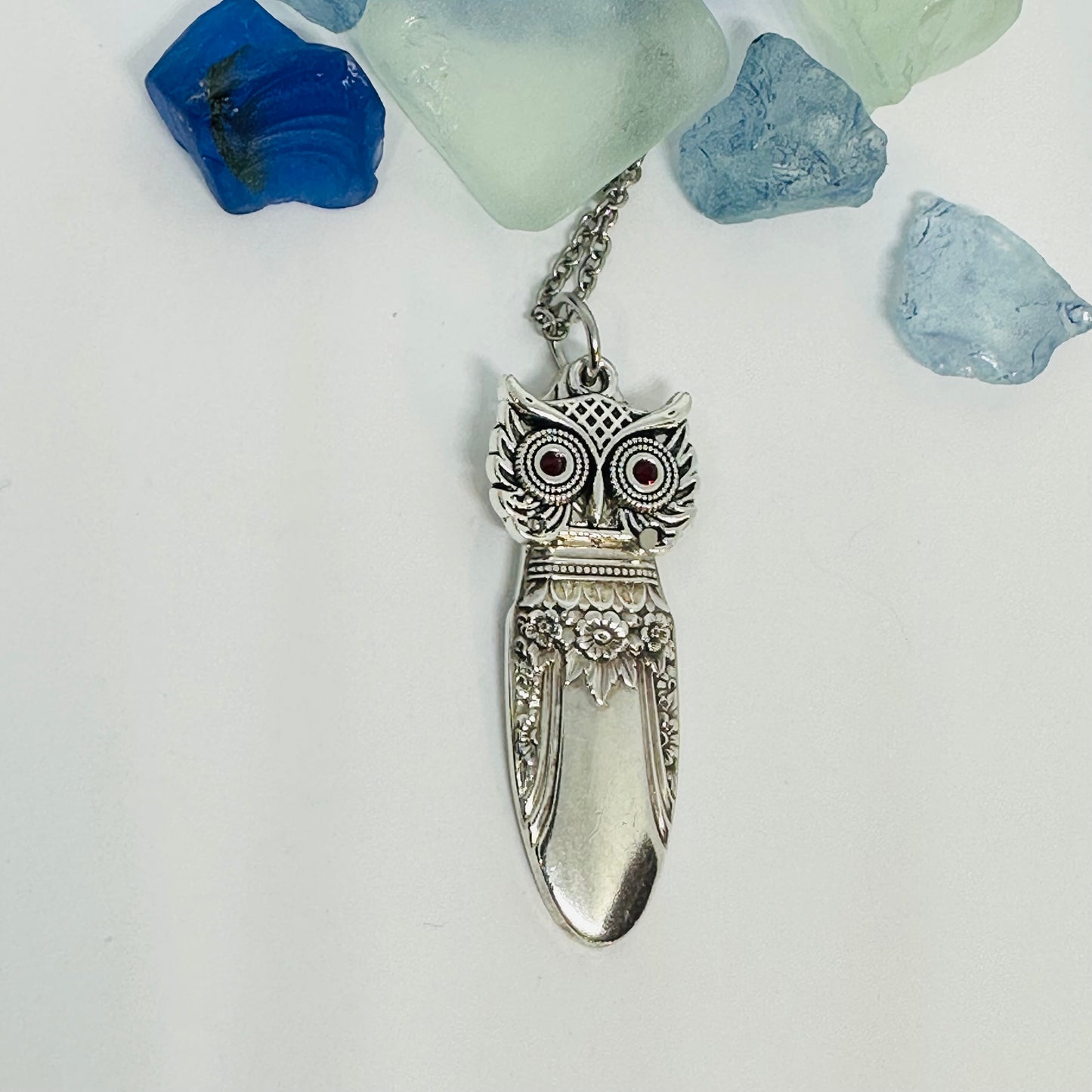 Owl with Birthstone Eyes “First Love” 1937 Vintage Silverware Necklace | Up-Cycled Jewelry | Birthday Pendant | Antique | 1.8mm Swarovski Eyes