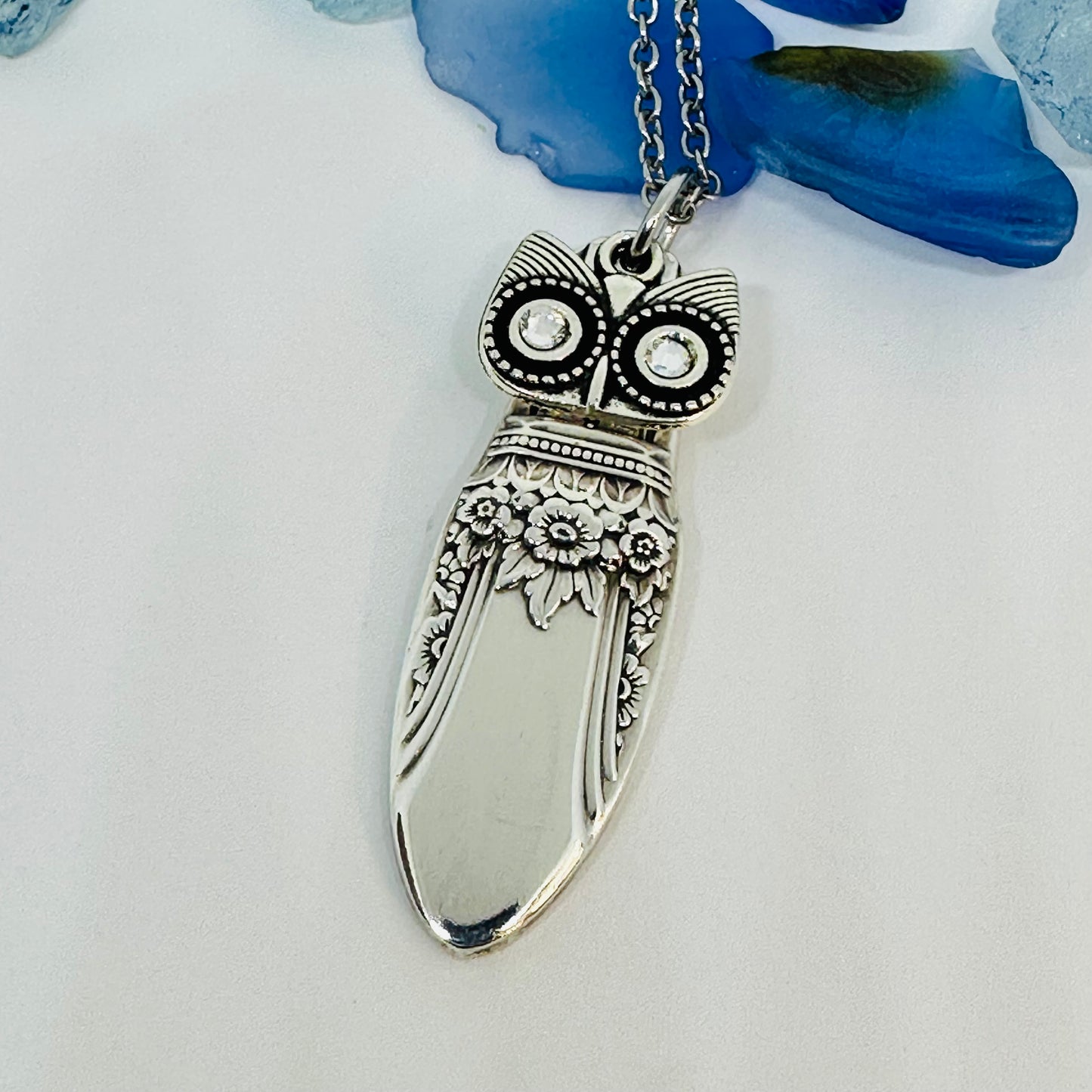 Owl with Birthstone Eyes “First Love” 1937 Vintage Silverware Necklace | Up-Cycled Jewelry | Birthday Pendant | Antique | 2.6mm Swarovski Eyes