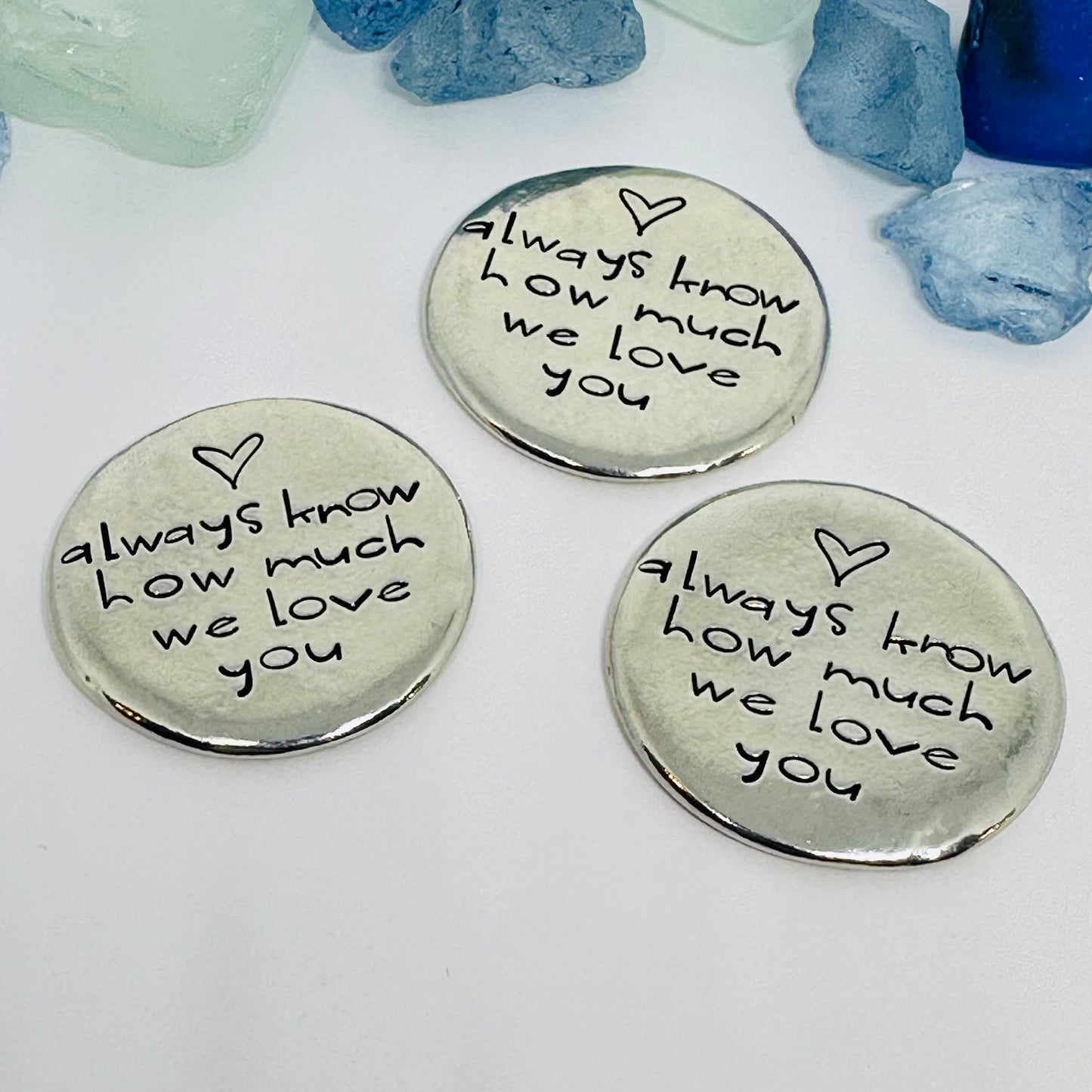 Always Know How Much I/We Love You - Hand Stamped Pewter Pocket Stone | Hug | Token | Pebble