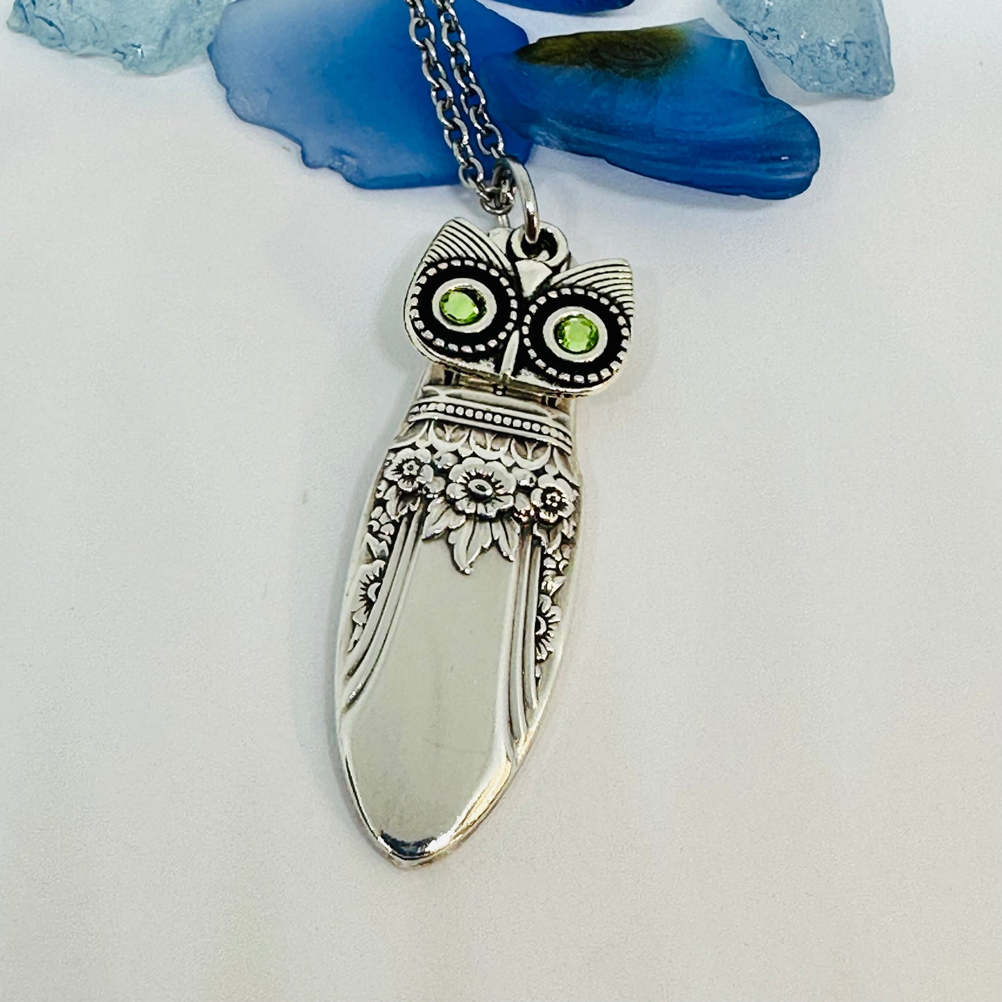 Owl with Birthstone Eyes “First Love” 1937 Vintage Silverware Necklace | Up-Cycled Jewelry | Birthday Pendant | Antique | 2.6mm Swarovski Eyes