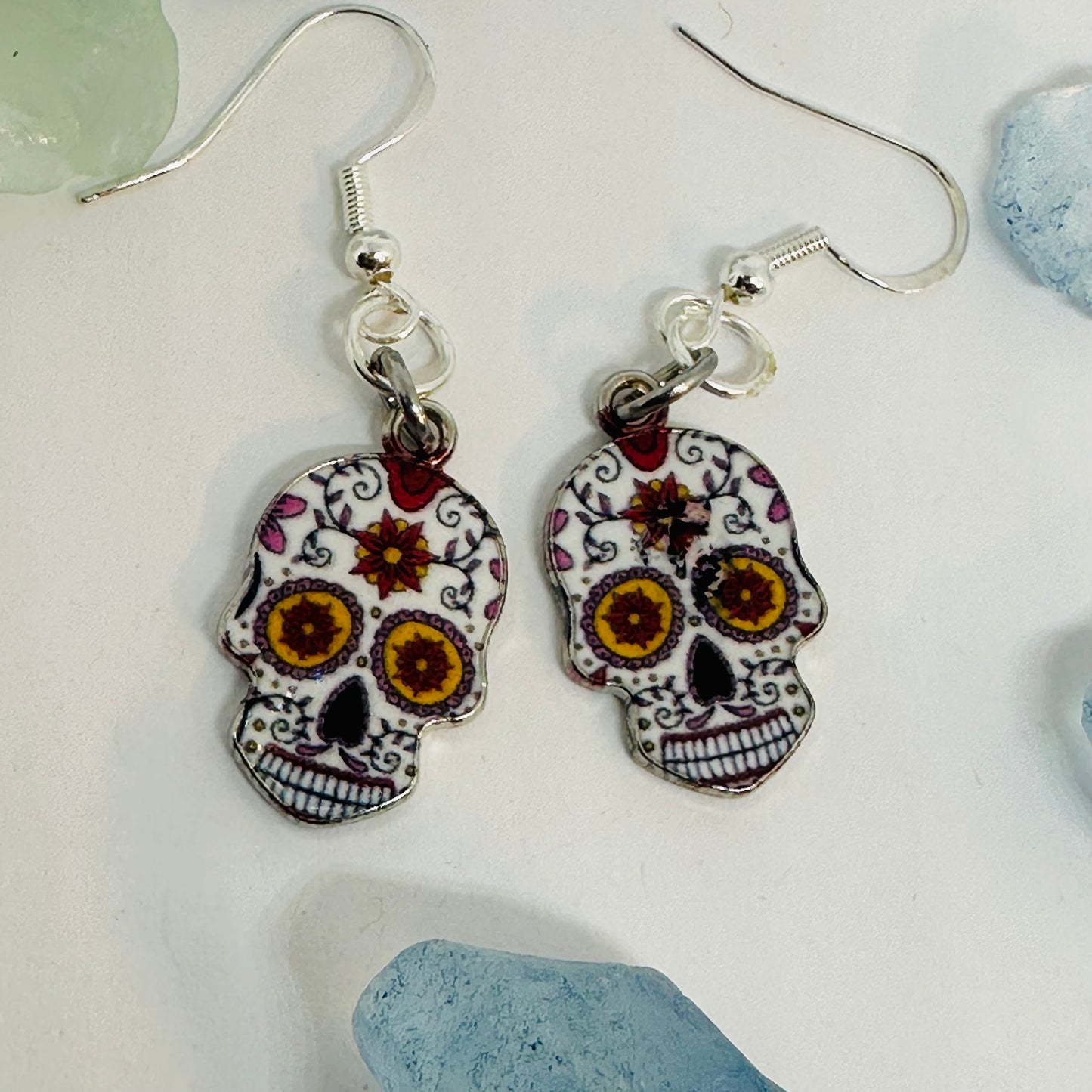 Vibrant Sugar Skull Dangle Earrings | Handcrafted Day of the Dead Inspired Jewelry