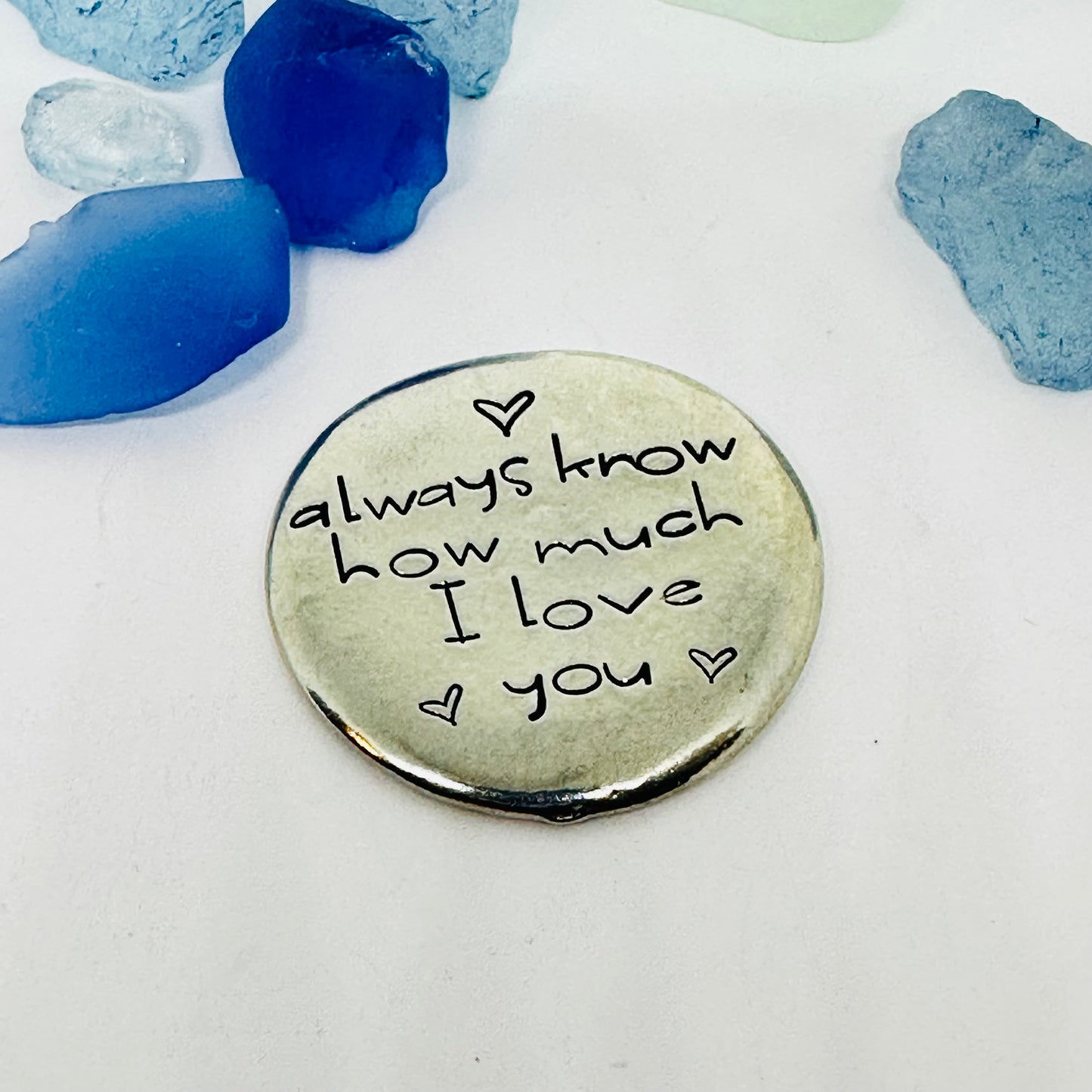 Always Know How Much I/We Love You - Hand Stamped Pewter Pocket Stone | Hug | Token | Pebble