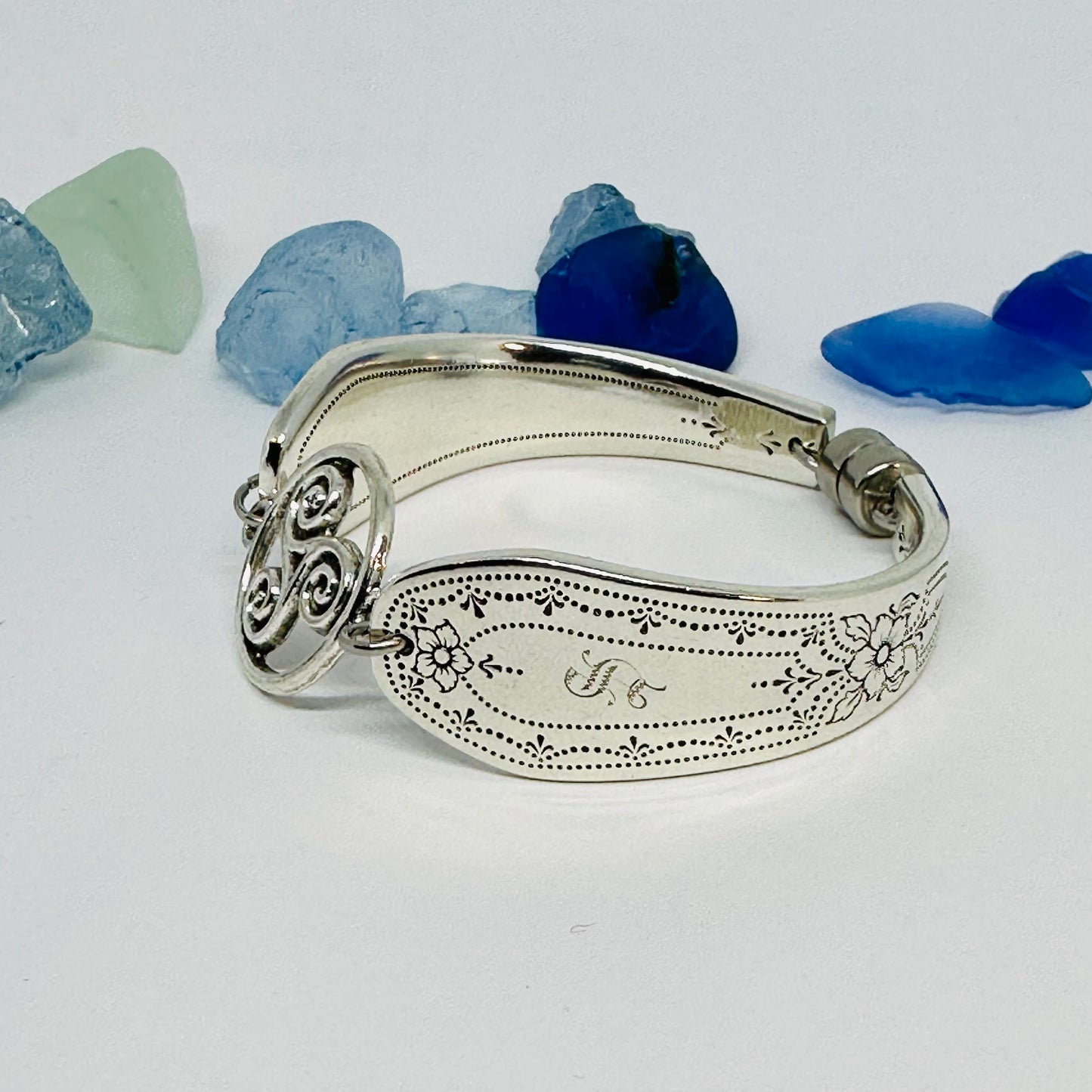 “Paul Revere” with Celtic Triskele Charm - 1927 Spoon Bracelet | Vintage Silverware | Up-Cycled Antique Silverware Spoon Bracelet
