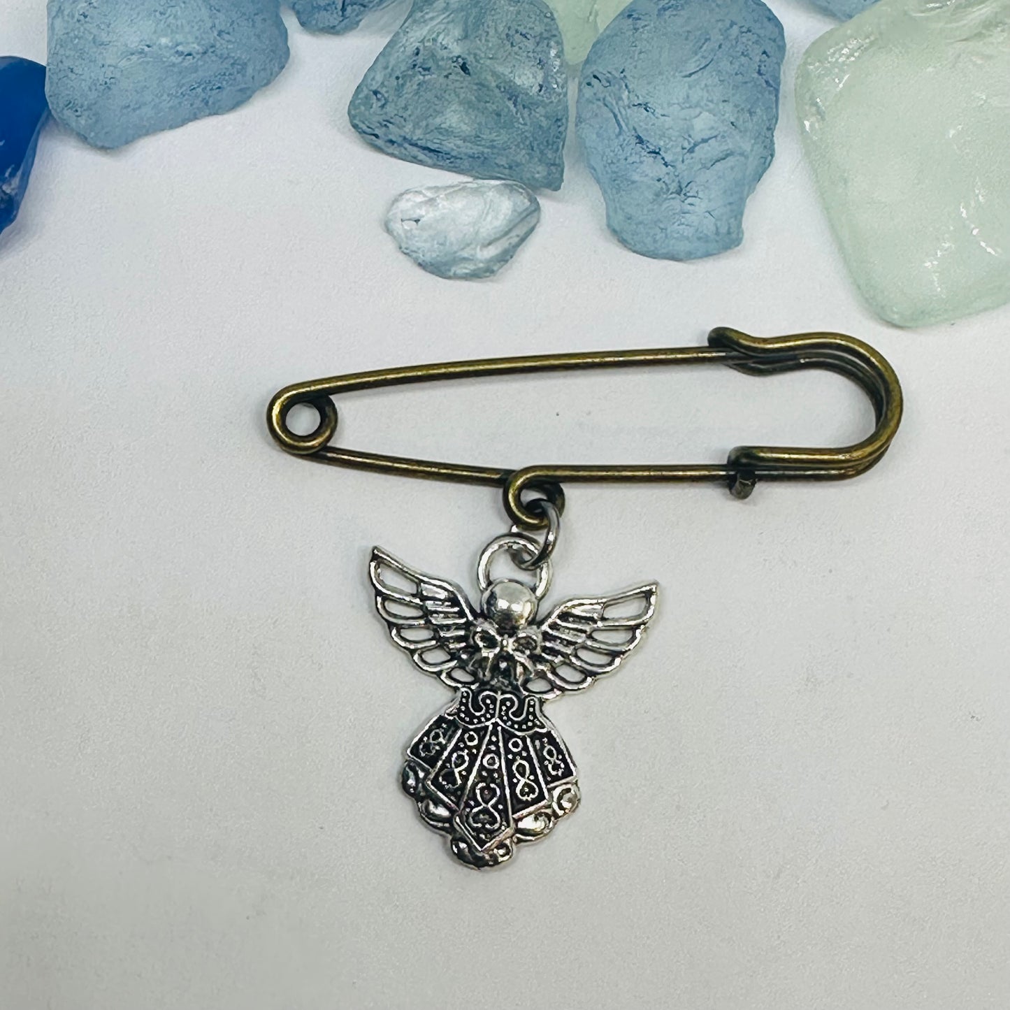 Bronze Pin with Silver-Toned Angel Charm