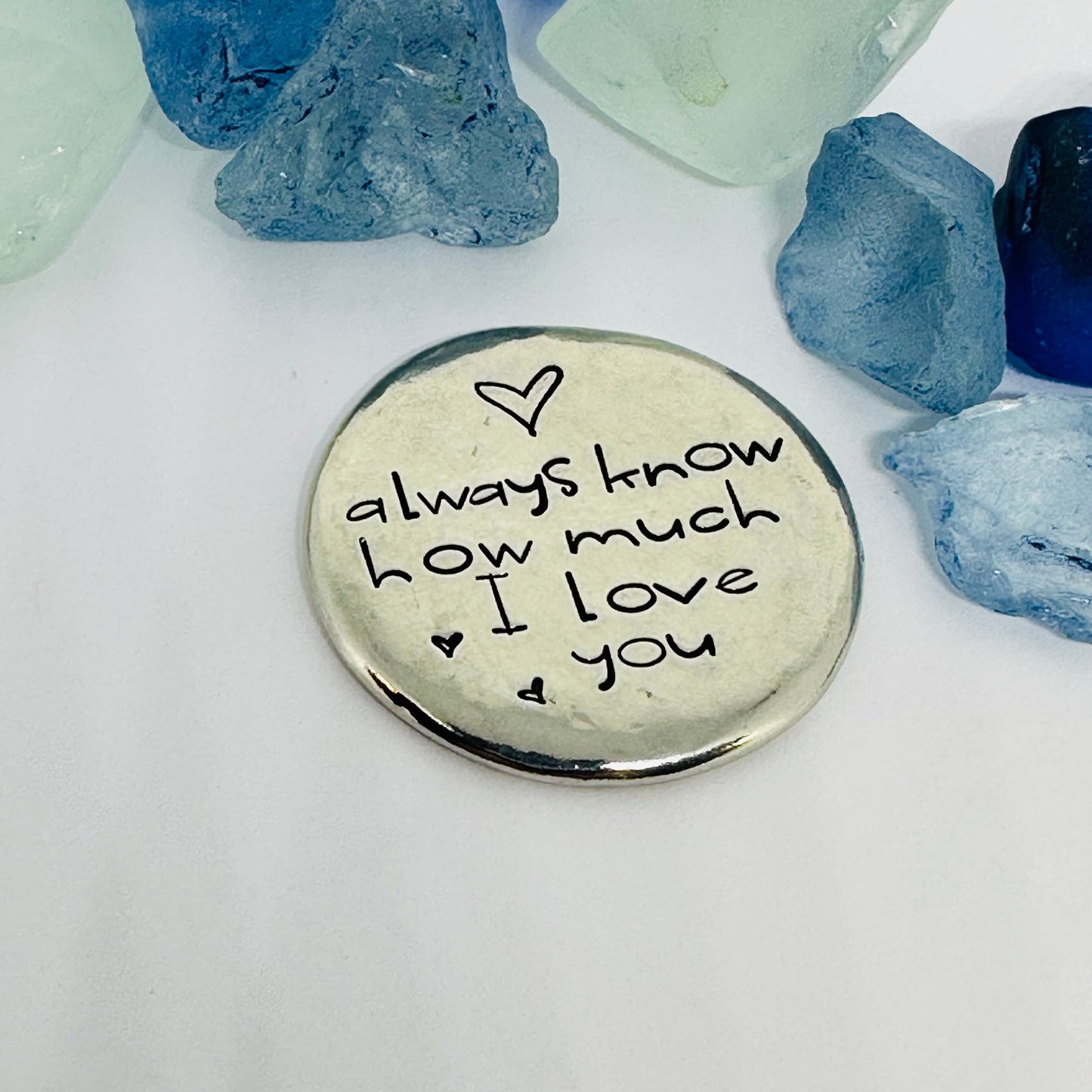 Always Know How Much I/We Love You - Hand Stamped Pewter Pocket Stone | Hug | Token | Pebble
