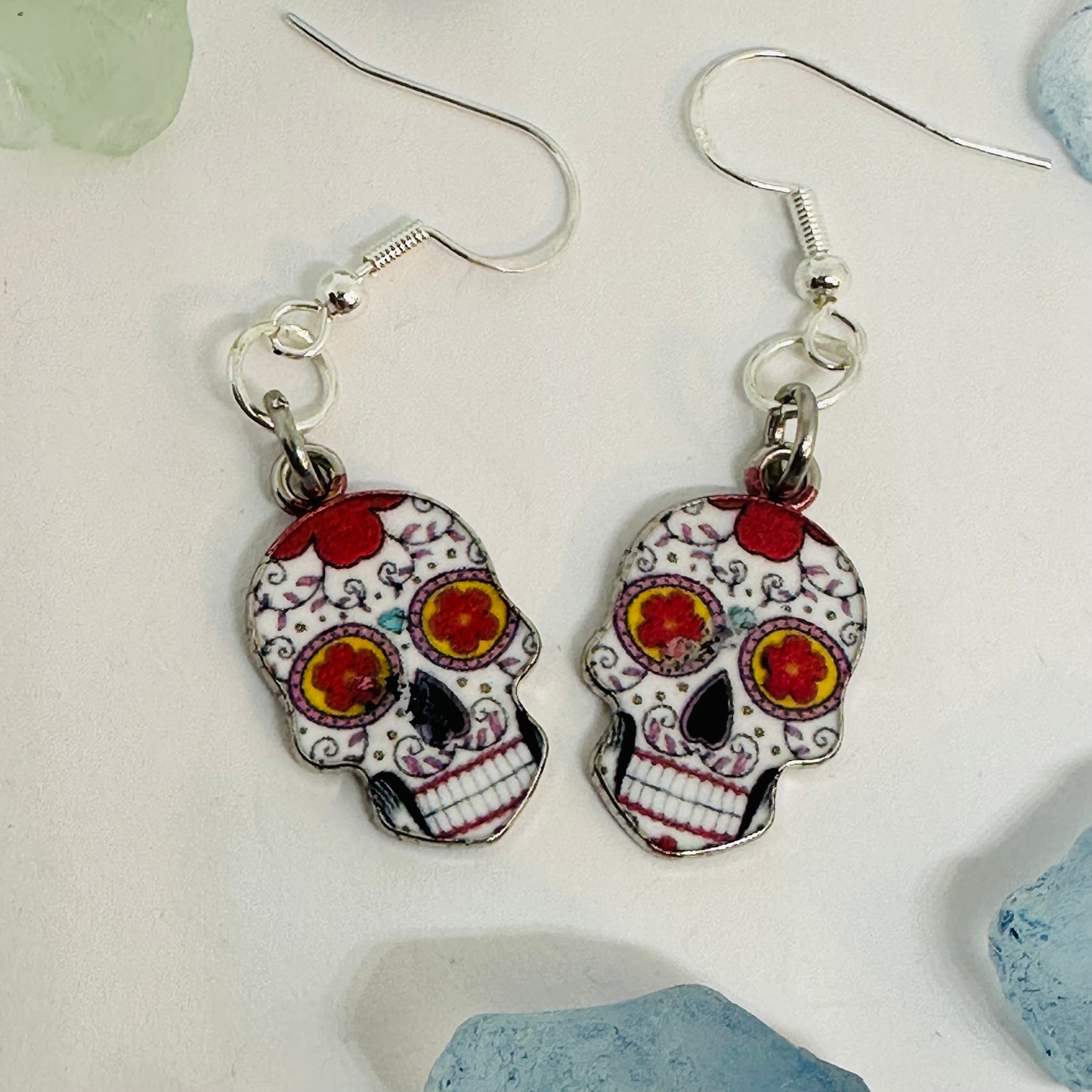 Vibrant Sugar Skull Dangle Earrings | Handcrafted Day of the Dead Inspired Jewelry