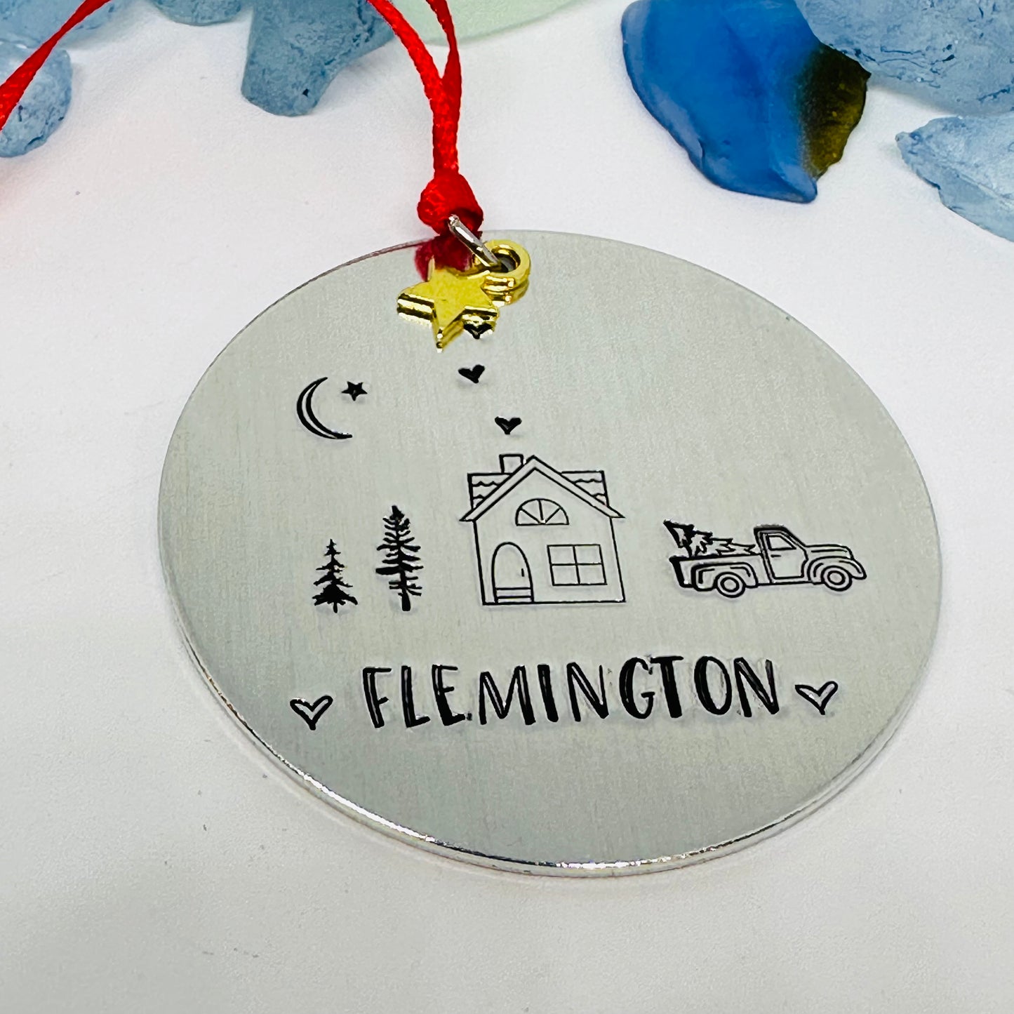 Home Town Hand Stamped Custom Ornament | Aluminum Round Ornament | Christmas Ornament | Hand Crafted Tree Decor | Holiday Decoration 2024