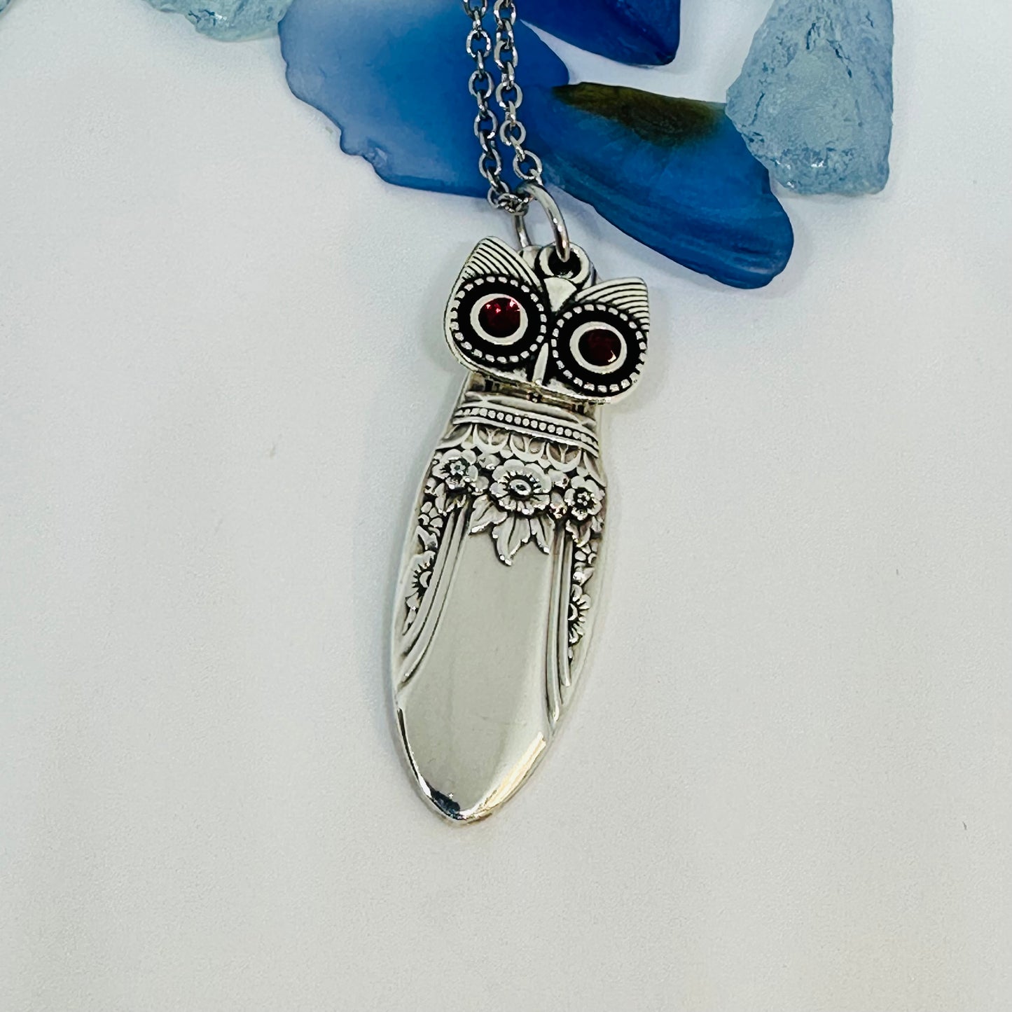 Owl with Birthstone Eyes “First Love” 1937 Vintage Silverware Necklace | Up-Cycled Jewelry | Birthday Pendant | Antique | 2.6mm Swarovski Eyes