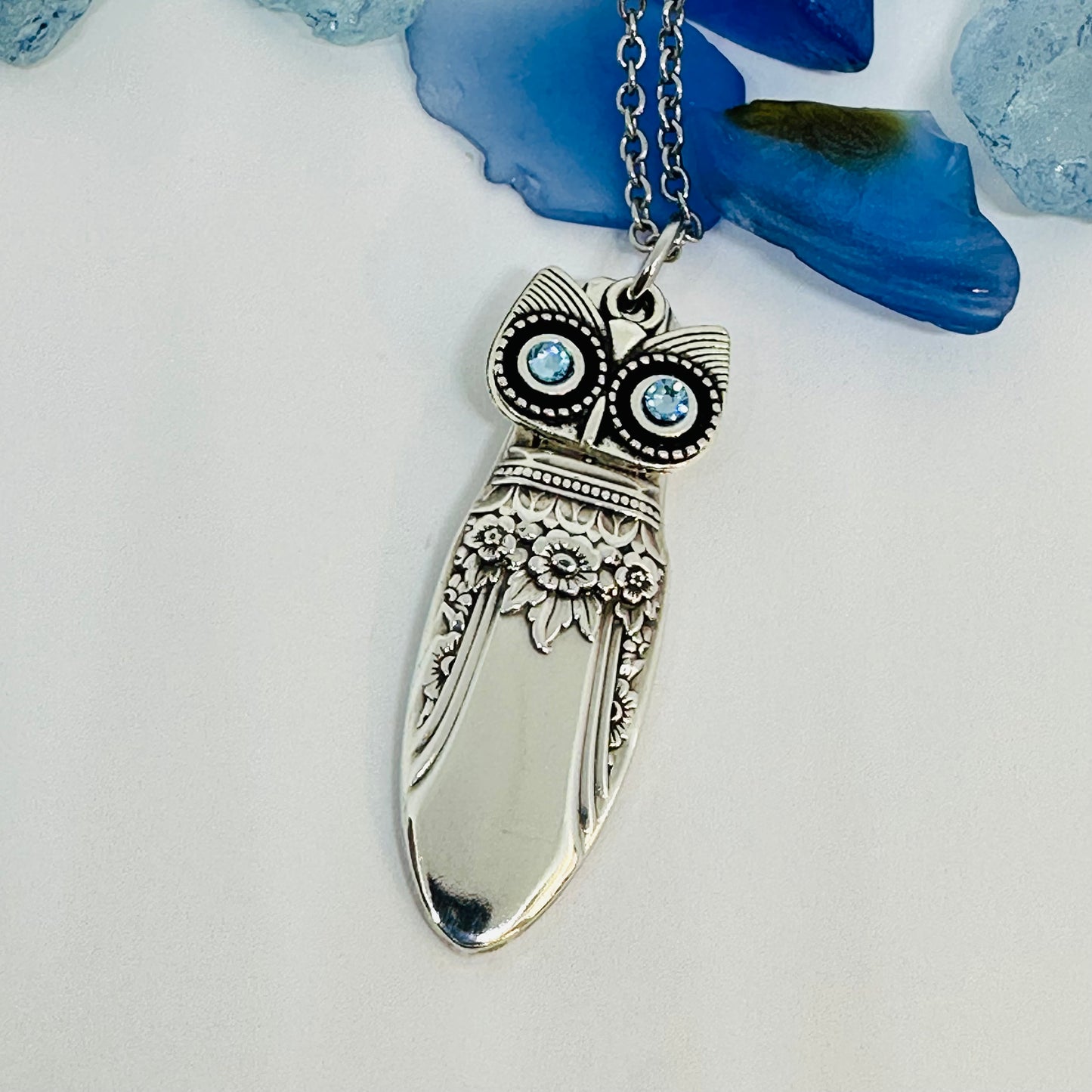 Owl with Birthstone Eyes “First Love” 1937 Vintage Silverware Necklace | Up-Cycled Jewelry | Birthday Pendant | Antique | 2.6mm Swarovski Eyes