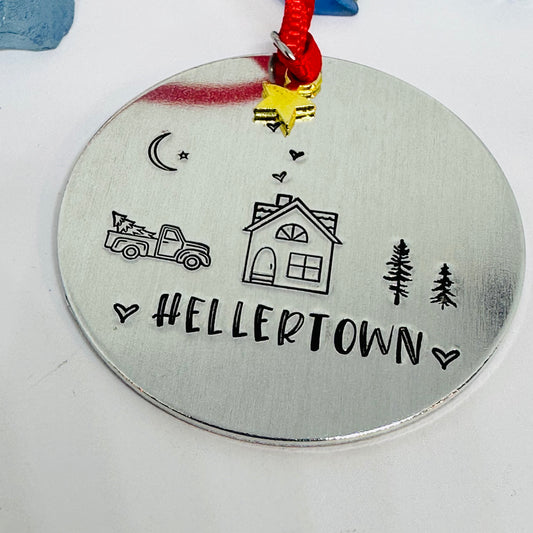 Home Town Hand Stamped Custom Ornament | Aluminum Round Ornament | Christmas Ornament | Hand Crafted Tree Decor | Holiday Decoration 2023