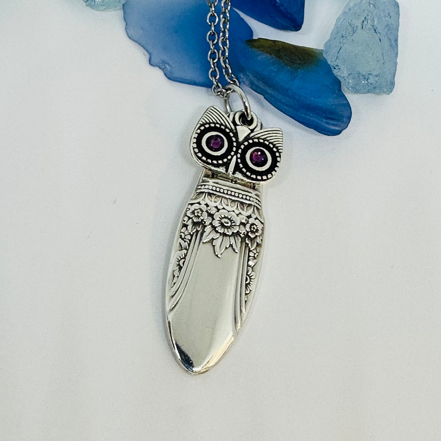 Owl with Birthstone Eyes “First Love” 1937 Vintage Silverware Necklace | Up-Cycled Jewelry | Birthday Pendant | Antique | 2.6mm Swarovski Eyes