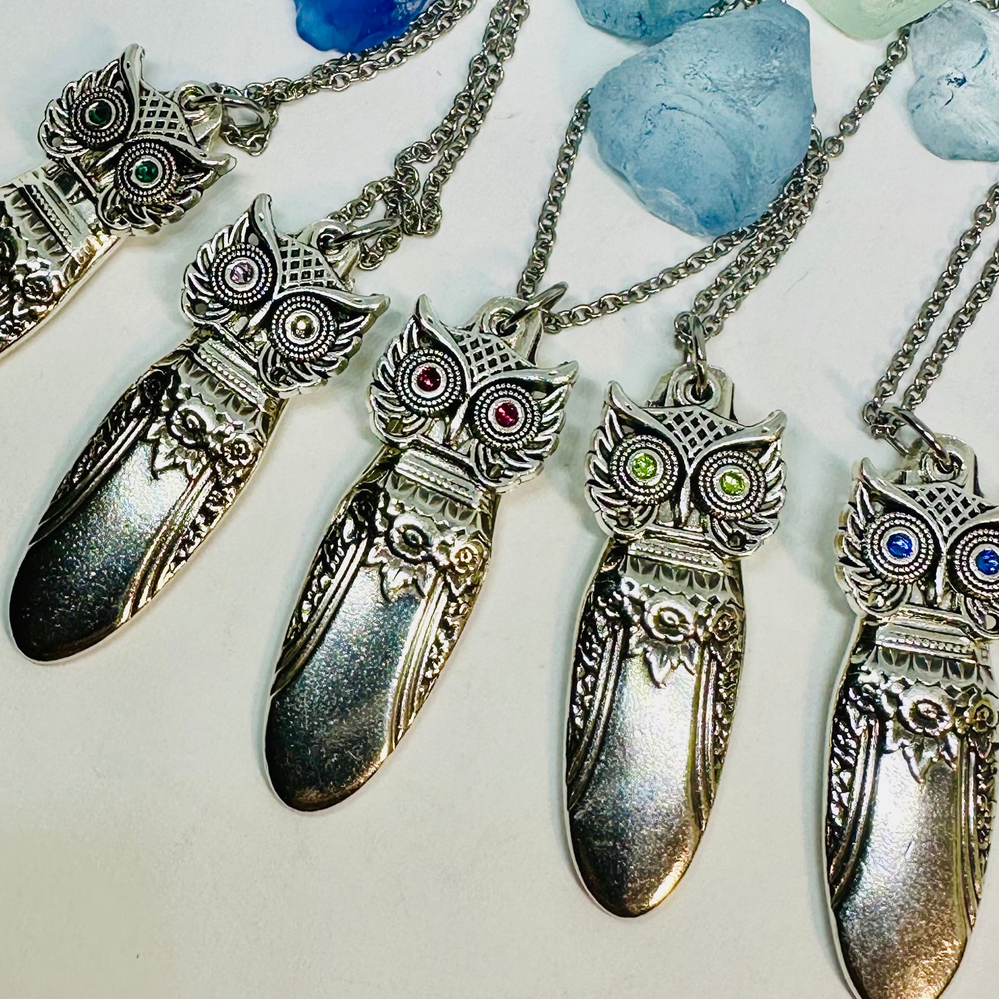Owl with Birthstone Eyes “First Love” 1937 Vintage Silverware Necklace | Up-Cycled Jewelry | Birthday Pendant | Antique | 1.8mm Swarovski Eyes