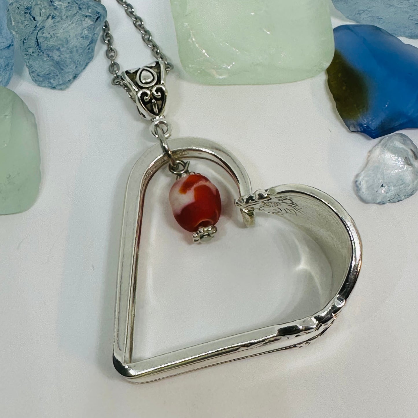 Hearts made from Vintage Silverware with African Bead | Bent Spoon Fork | Heart-Shaped Pendant Necklace Keychain Key Ring | Silverware Jewelry | Love | Valentine's Day Gift