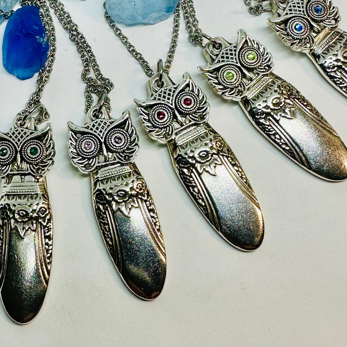 Owl with Birthstone Eyes “First Love” 1937 Vintage Silverware Necklace | Up-Cycled Jewelry | Birthday Pendant | Antique | 1.8mm Swarovski Eyes