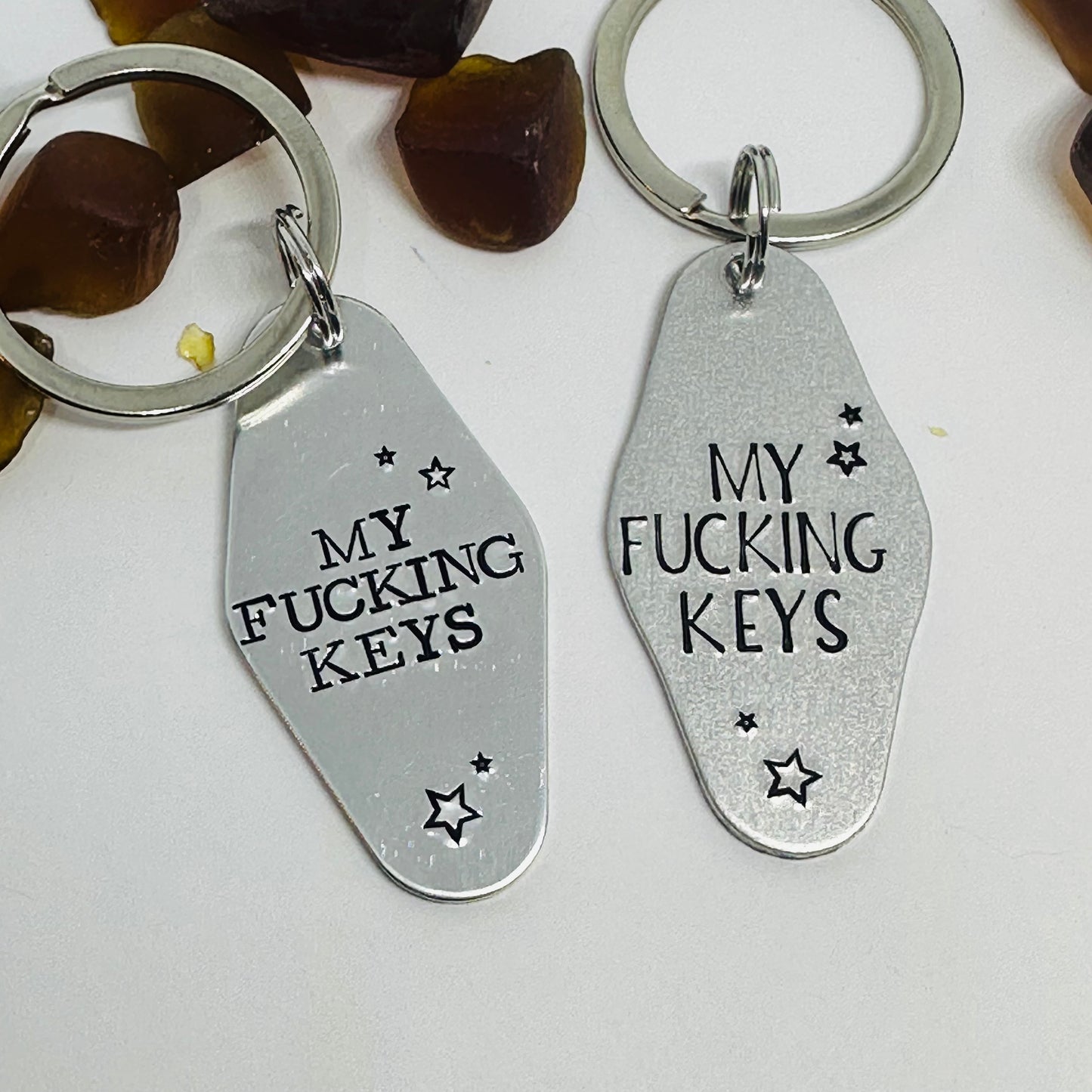MY FUCKING KEYS Hand-Stamped Metal Keychain | Funny & Sarcastic Retro Motel Key Tag | Housewarming Gift | New Driver Gift