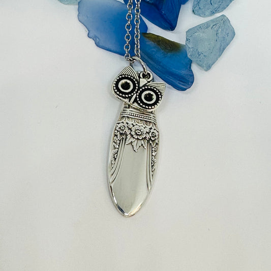 Owl with Birthstone Eyes “First Love” 1937 Vintage Silverware Necklace | Up-Cycled Jewelry | Birthday Pendant | Antique | 2.6mm Swarovski Eyes