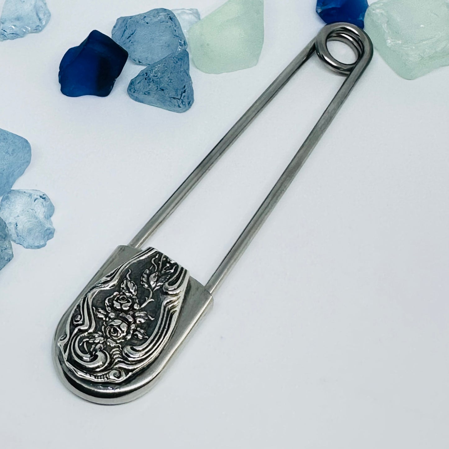 Giant Vintage Silverware Adorned Safety Pin | Key Ring | Kilt Brooch | Horse Blanket | Silver Embellishments | New Driver | Purse Belt