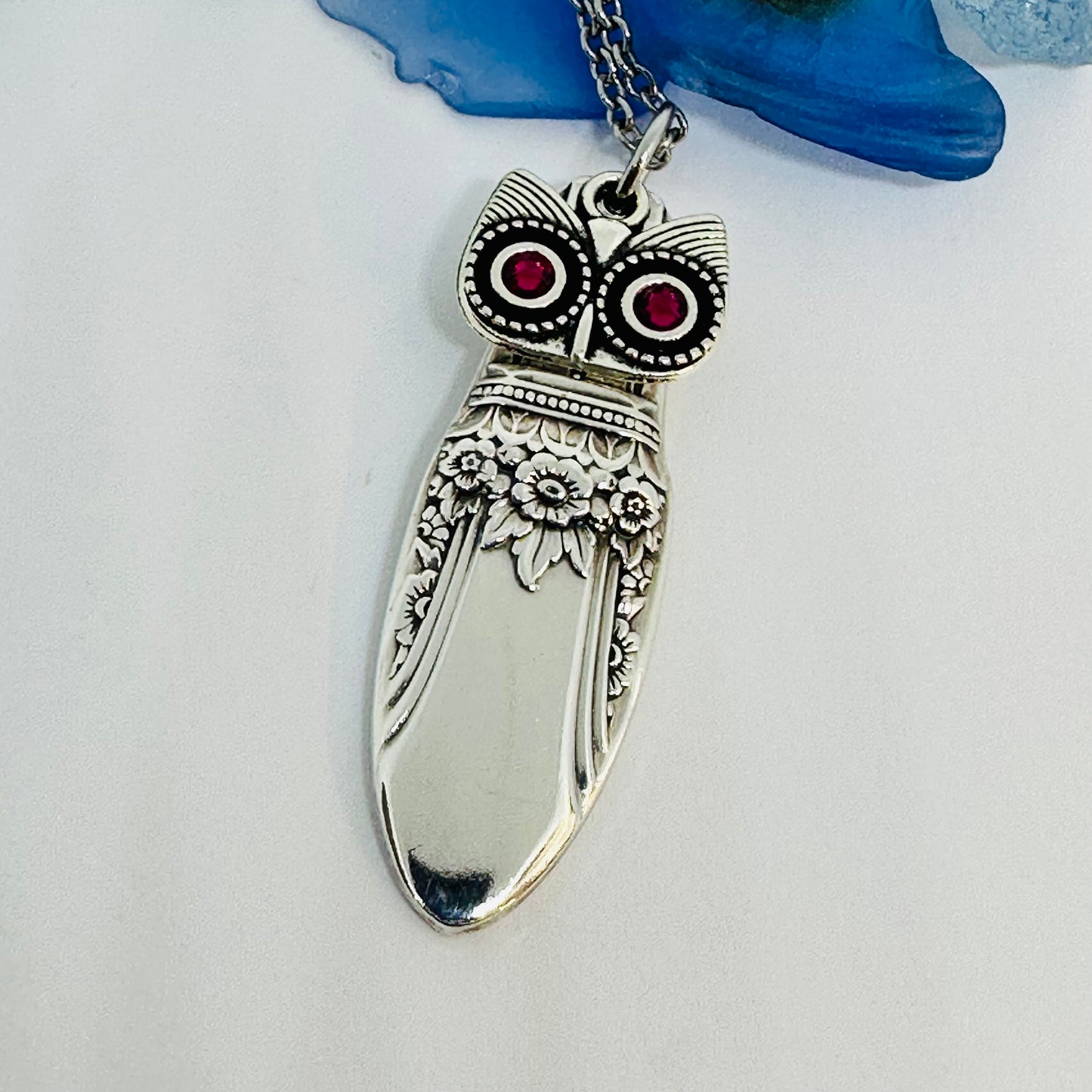 Owl with Birthstone Eyes “First Love” 1937 Vintage Silverware Necklace | Up-Cycled Jewelry | Birthday Pendant | Antique | 2.6mm Swarovski Eyes