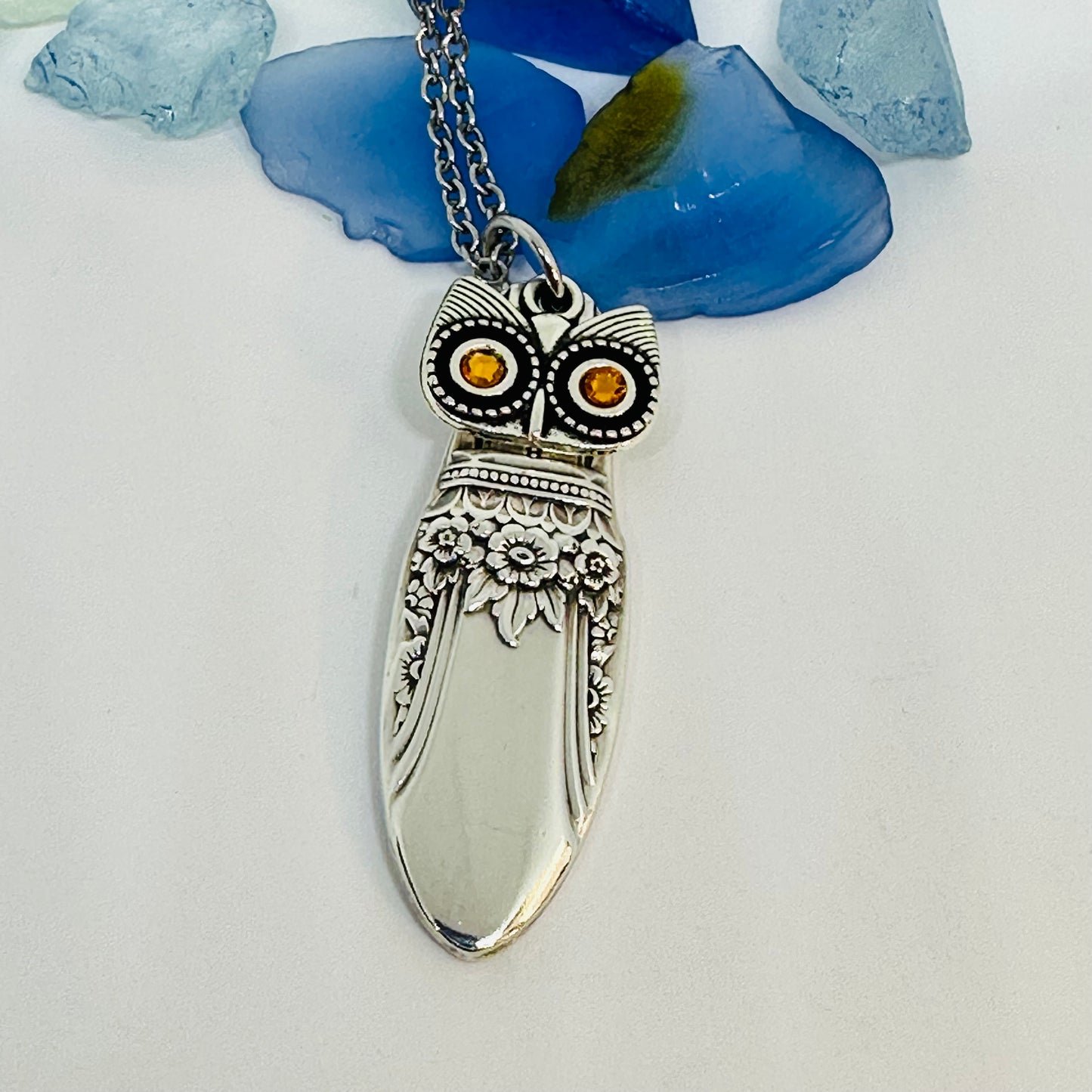 Owl with Birthstone Eyes “First Love” 1937 Vintage Silverware Necklace | Up-Cycled Jewelry | Birthday Pendant | Antique | 2.6mm Swarovski Eyes