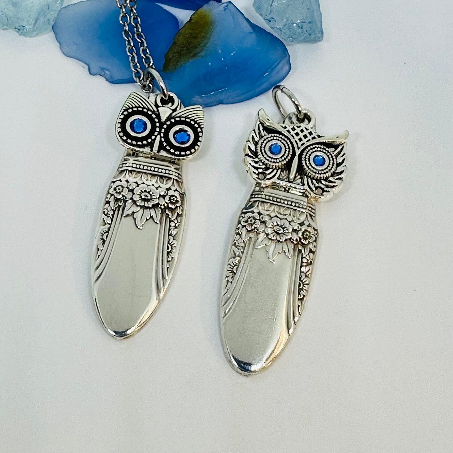 Owl with Birthstone Eyes “First Love” 1937 Vintage Silverware Necklace | Up-Cycled Jewelry | Birthday Pendant | Antique | 2.6mm Swarovski Eyes
