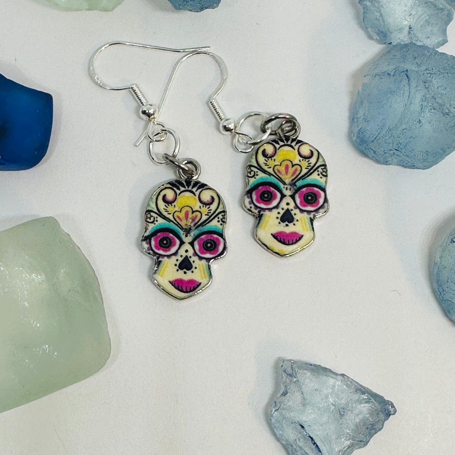Vibrant Sugar Skull Dangle Earrings | Handcrafted Day of the Dead Inspired Jewelry