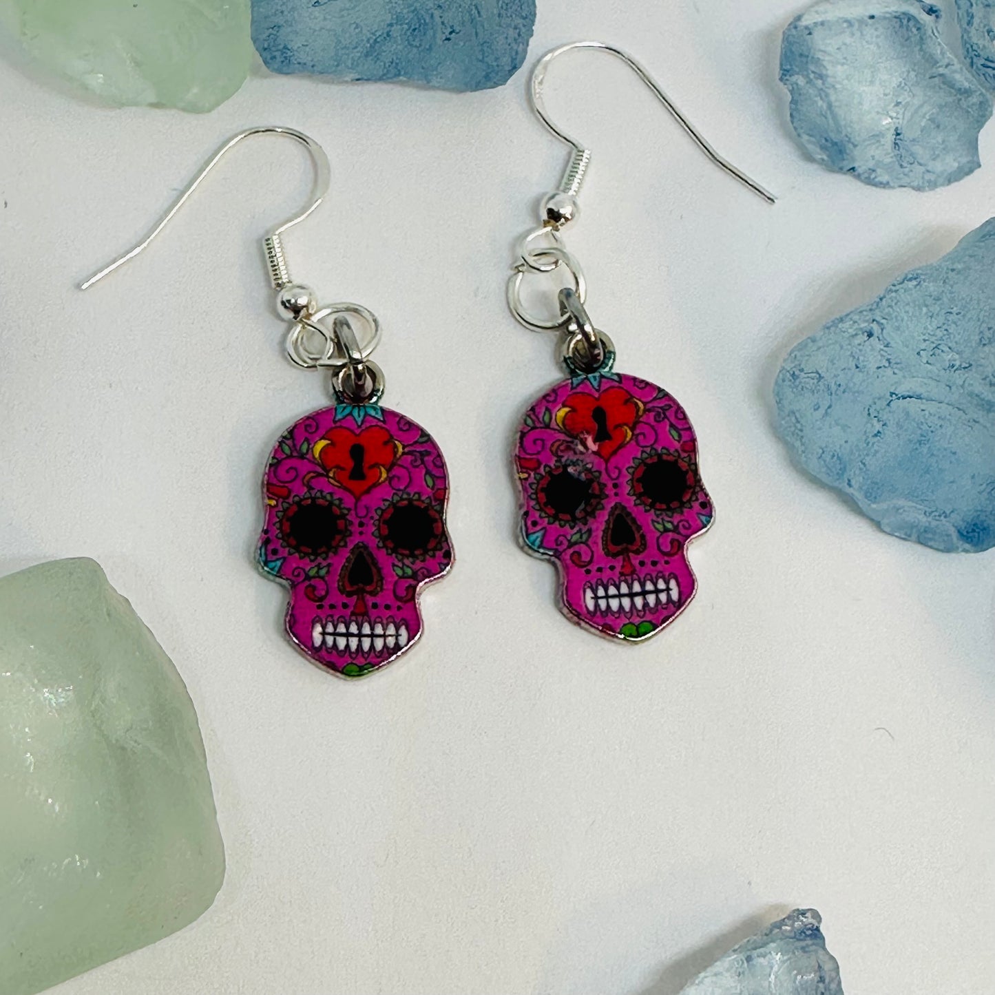 Vibrant Sugar Skull Dangle Earrings | Handcrafted Day of the Dead Inspired Jewelry
