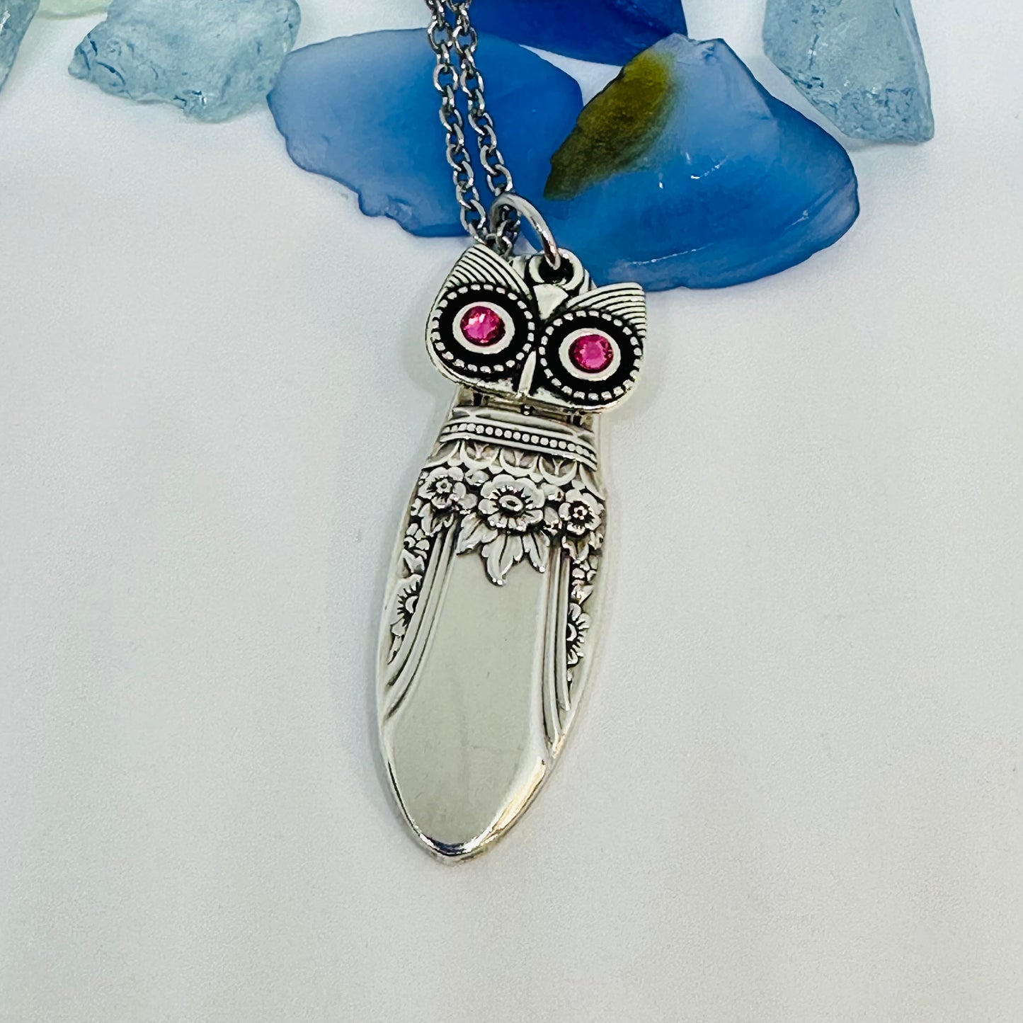 Owl with Birthstone Eyes “First Love” 1937 Vintage Silverware Necklace | Up-Cycled Jewelry | Birthday Pendant | Antique | 2.6mm Swarovski Eyes