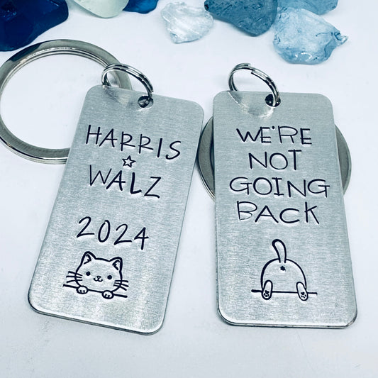 Kamala Harris Tim Walz | Democratic Nominees | Vote 2024 | Presidential Race | Cat Lady | We’re Not Going Back - Hand Stamped Keyring Keychain
