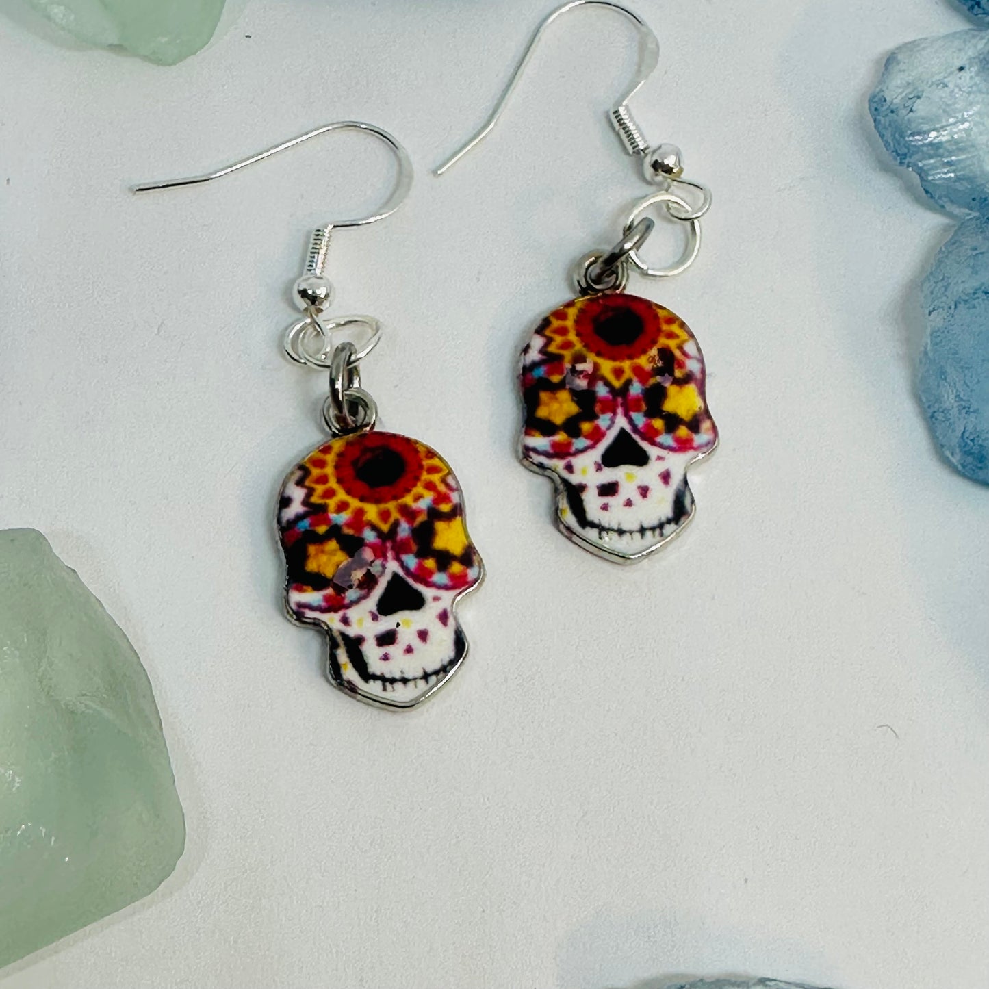 Vibrant Sugar Skull Dangle Earrings | Handcrafted Day of the Dead Inspired Jewelry
