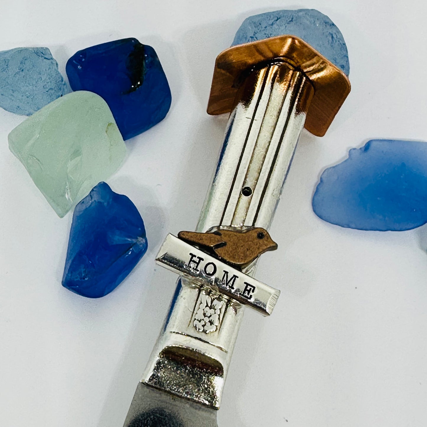 Vintage Silverware Bird House Plant Stake | Decorative Cheese Spreader | Bird Watcher Letter Opener | Copper Silverware Charms