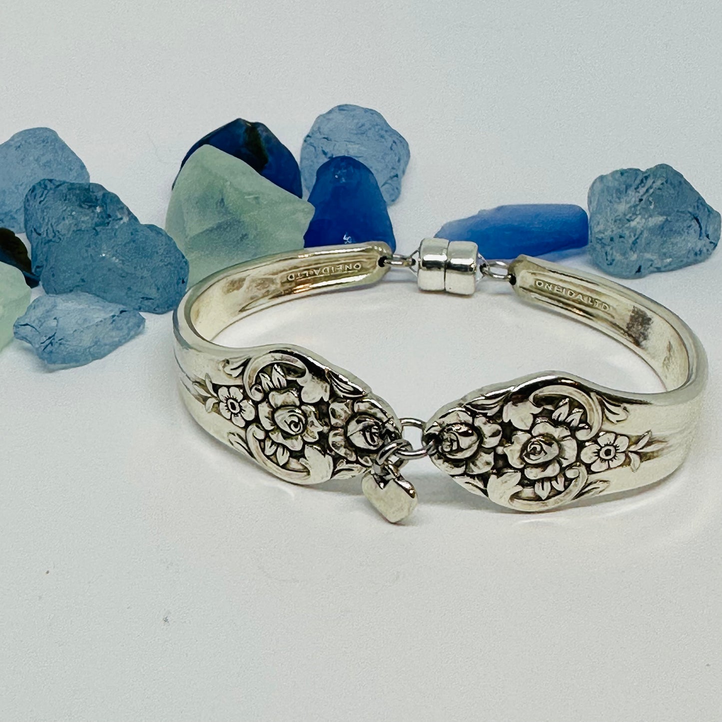 “Plantation” with Tiny Heart Charm - 1948 Spoon Bracelet | Vintage Silverware | Oneida | Up-Cycled Antique Silverware Spoon Bracelet